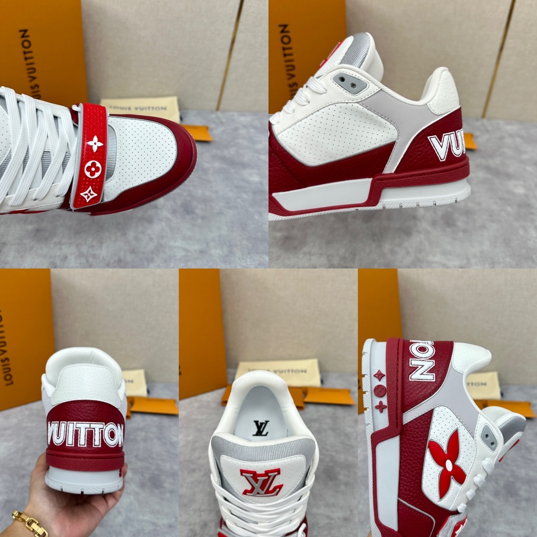 Louis Vuitton Trainer Red and White Sneakers  Monogram Leather Shoes for Men
