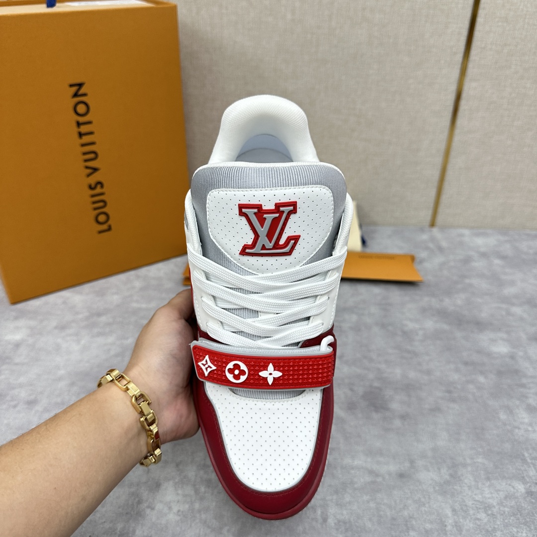 Louis Vuitton Trainer Red and White Sneakers  Monogram Leather Shoes for Men