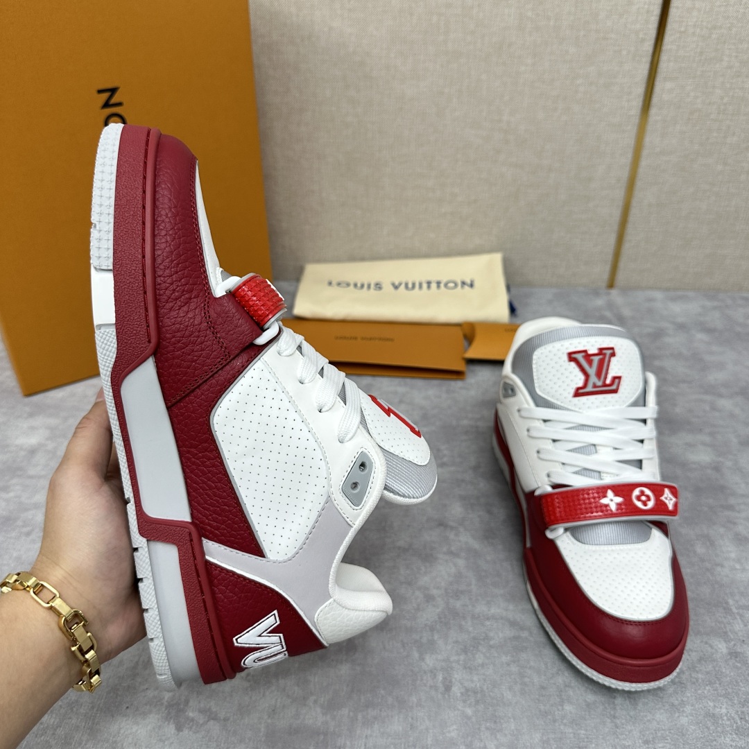 Louis Vuitton Trainer Red and White Sneakers  Monogram Leather Shoes for Men