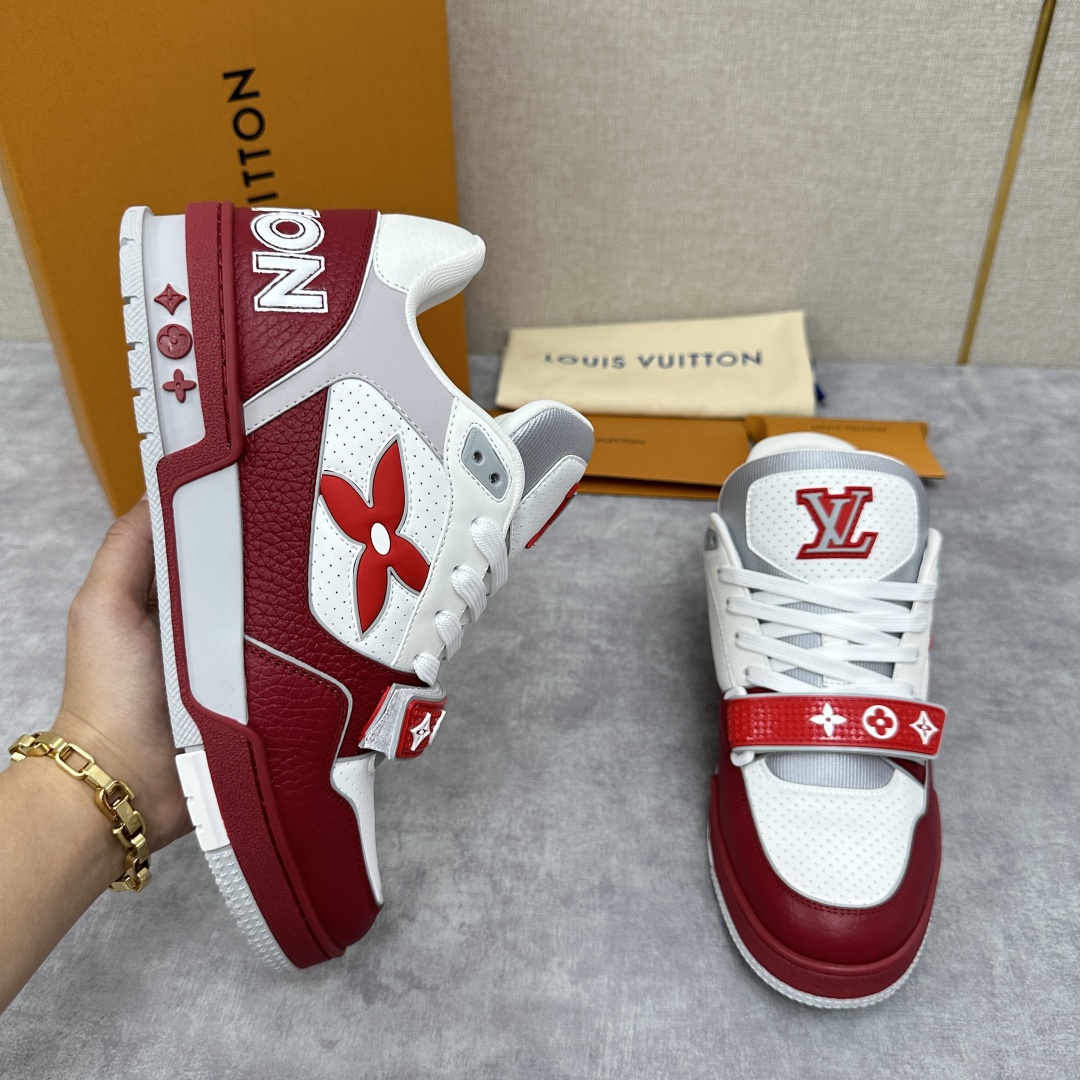 Louis Vuitton Trainer Red and White Sneakers  Monogram Leather Shoes for Men