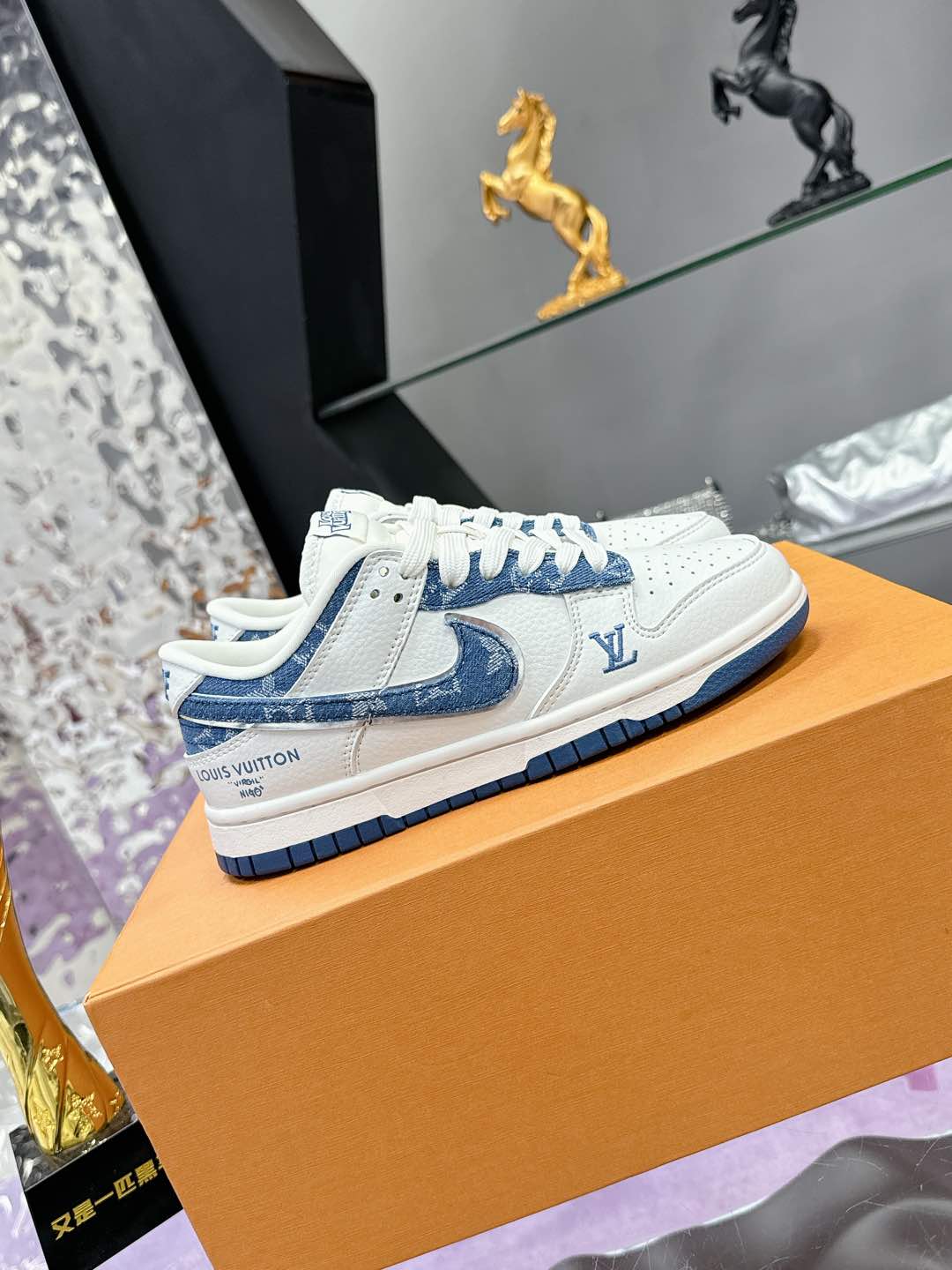 Louis Vuitton Trainer Sneaker White and Blue Monogram Denim