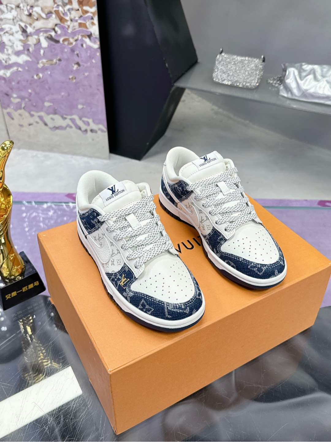 Louis Vuitton Trainer Sneaker White Blue Monogram Denim Leather