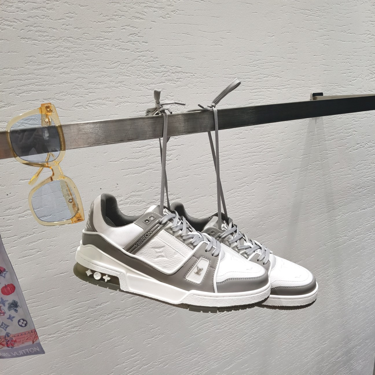 Louis Vuitton Trainer Sneakers â€“ White & Grey Monogram Edition