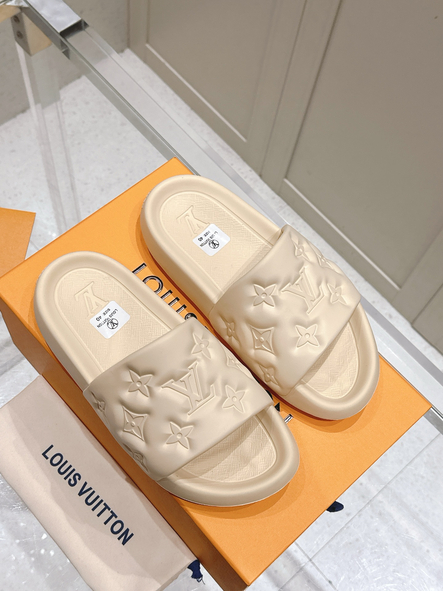 Louis Vuitton Waterfront Mule Sandals Pool Slides beige