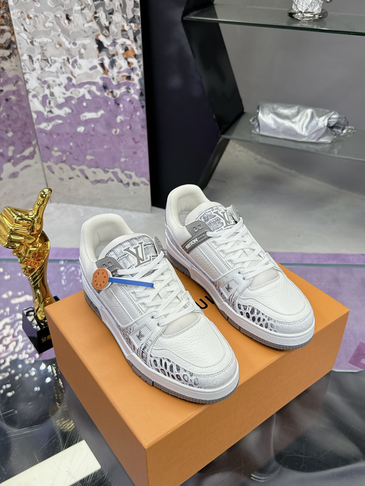 Louis Vuitton White & Grey Monogram Trainer Sneakers