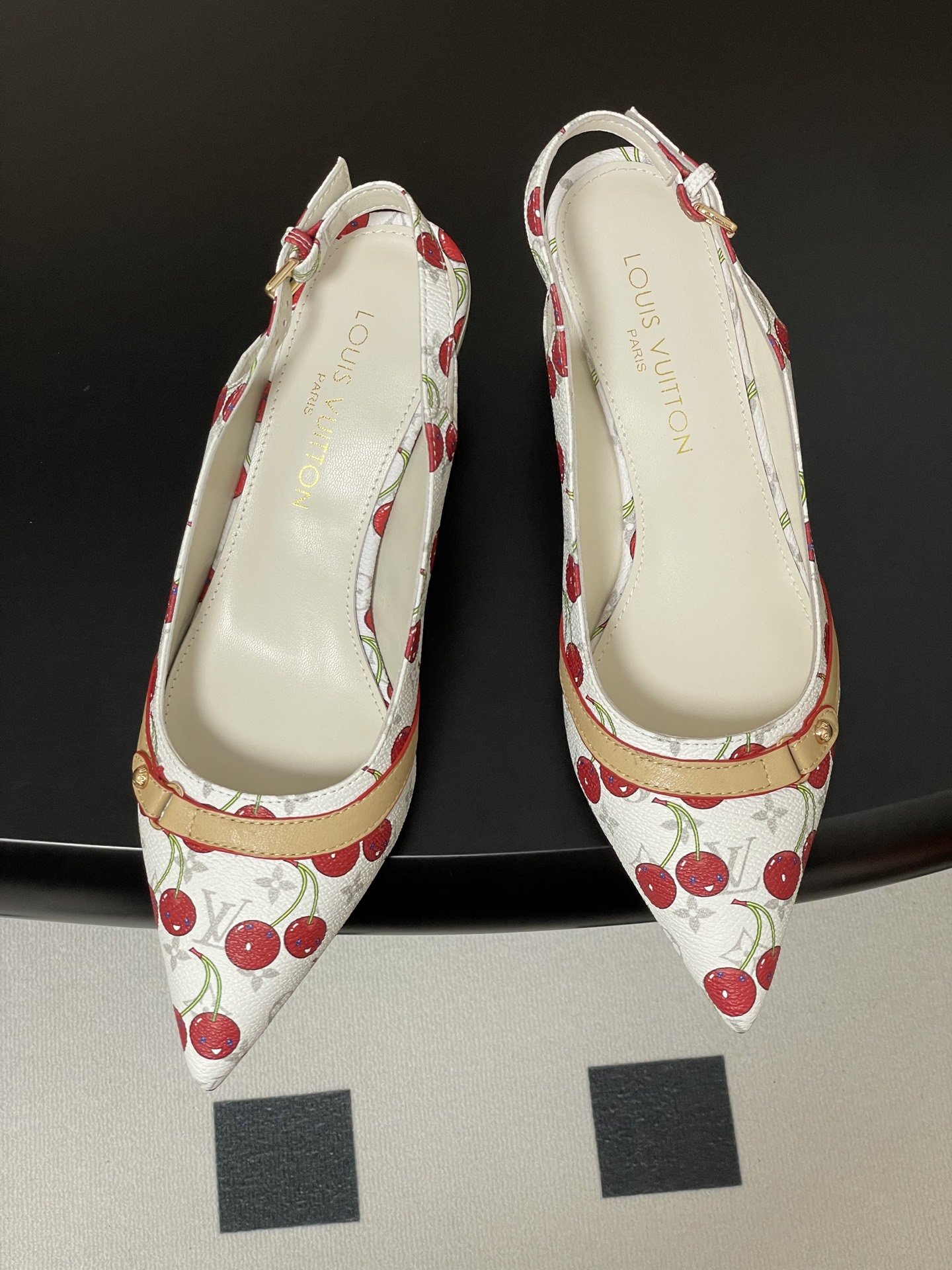 Louis Vuitton White Cherry Print Slingback Heels