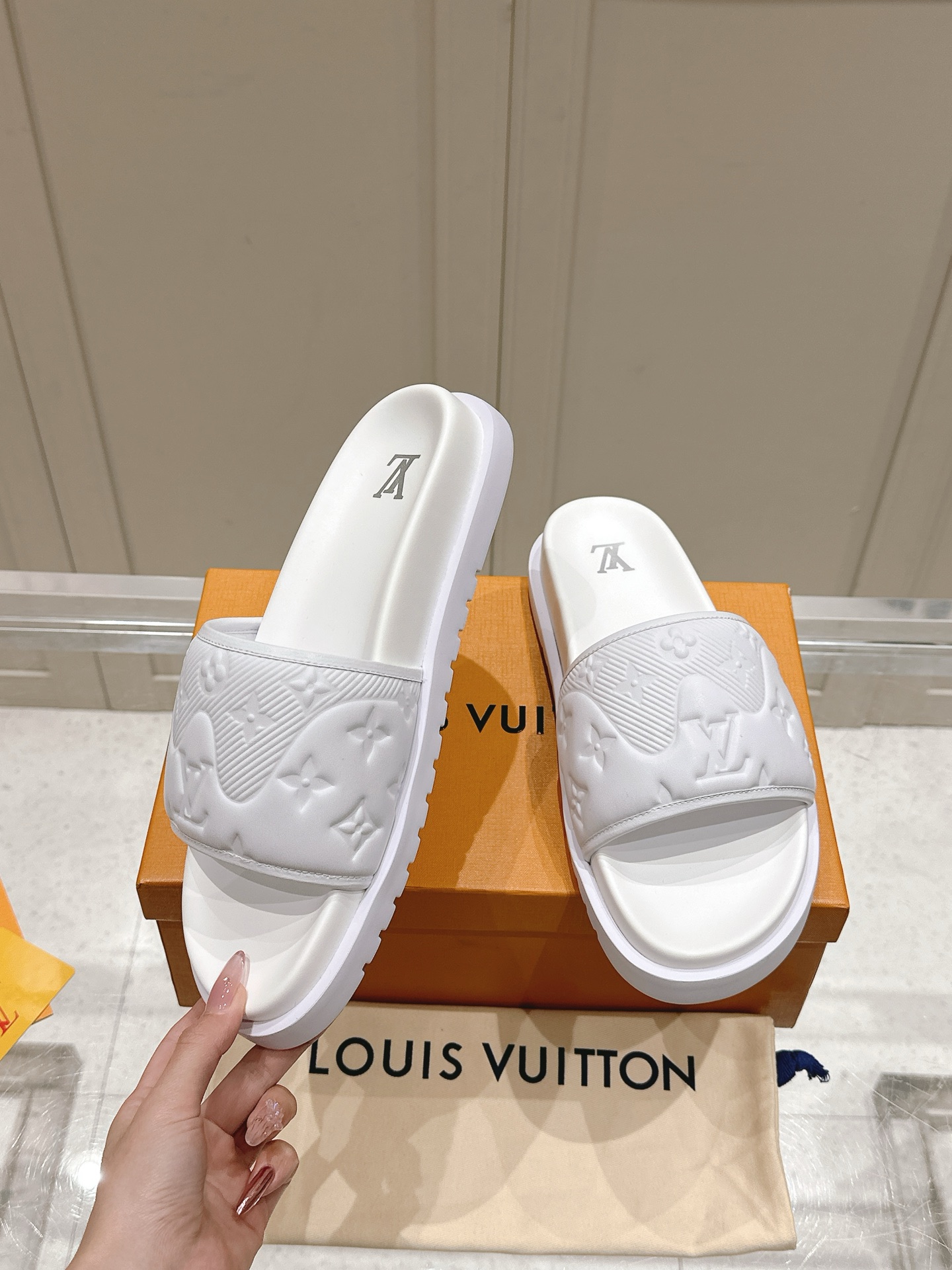 Louis Vuitton White Embossed Slide Sandals