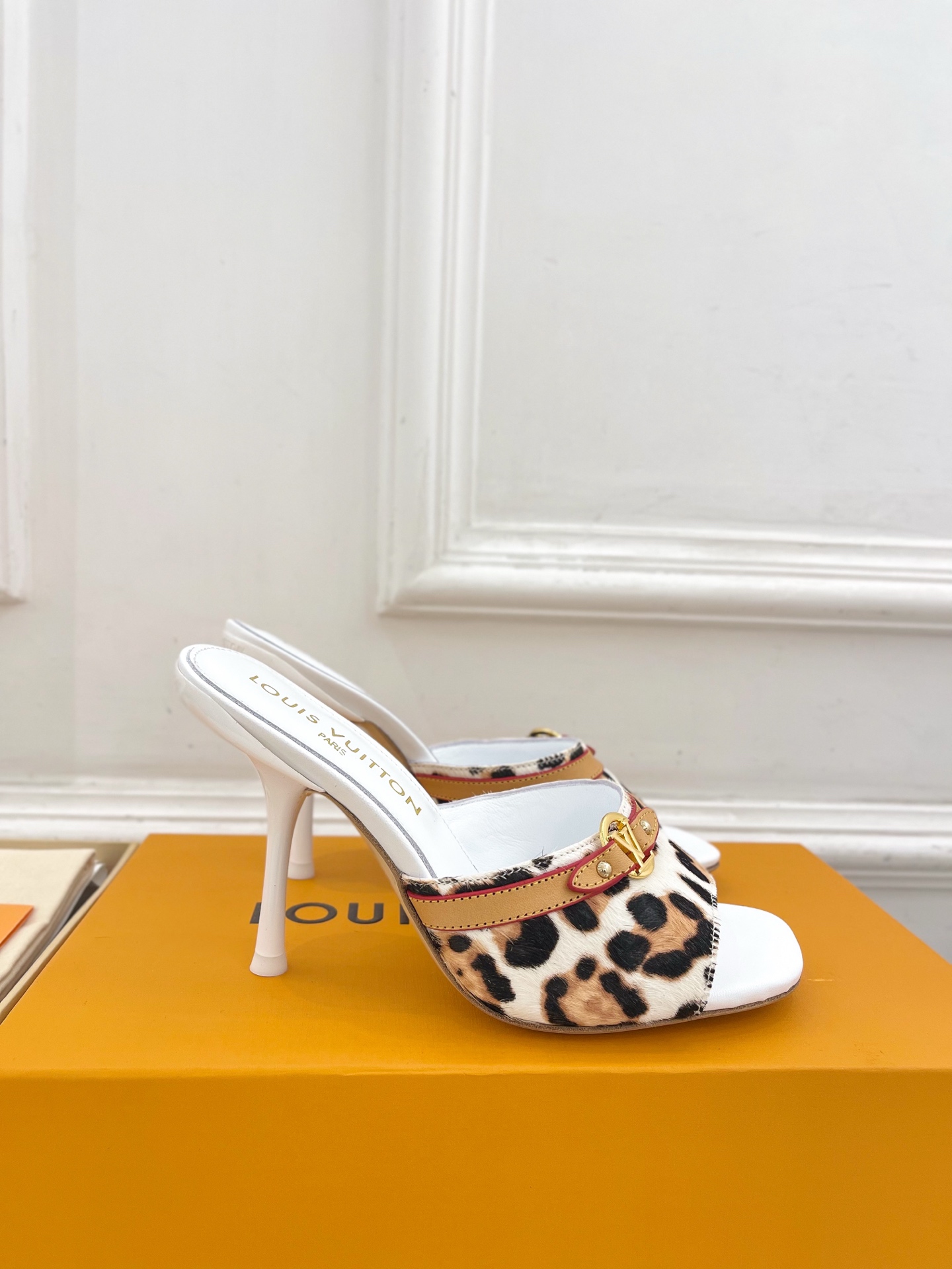 Louis Vuitton White Leopard Print High Heel Slides
