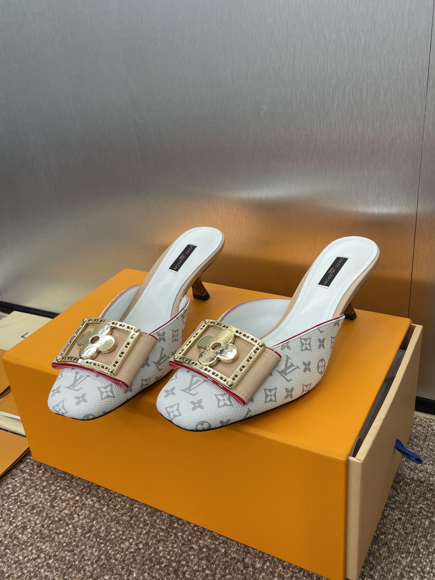 Louis Vuitton White Monogram Heeled Sandals with Beige Strap and Gold Buckle