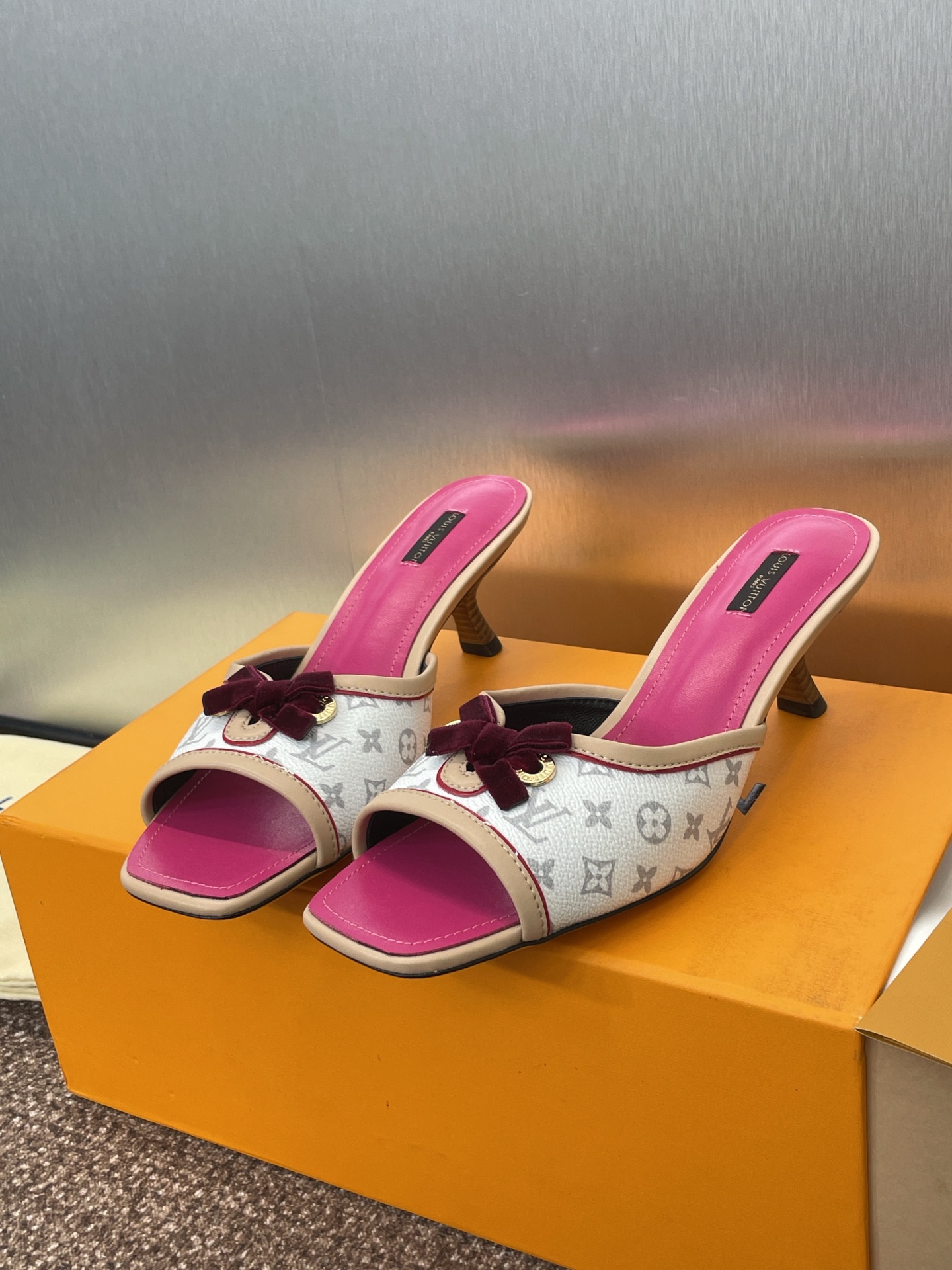 Louis Vuitton White Monogram Heeled Sandals with Burgundy Bow