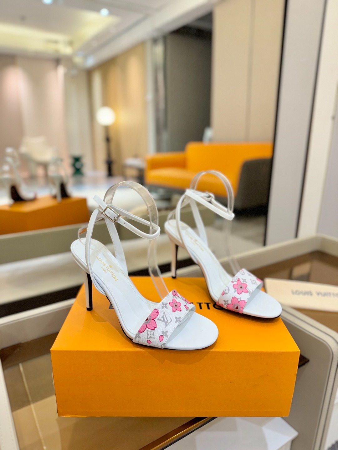 Louis Vuitton White Monogram High Heel Sandals With Pink Flower Strap