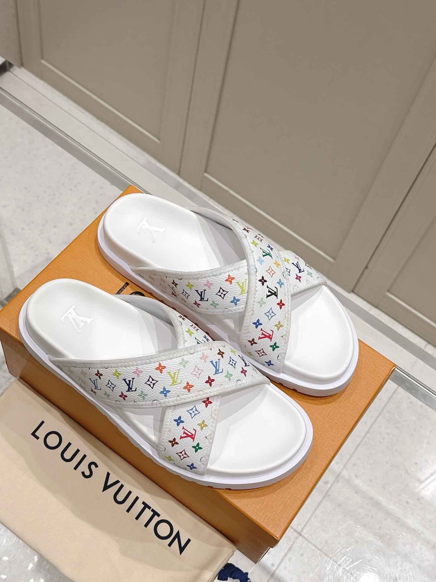 Louis Vuitton White Monogram Print Cross Slide Sandals