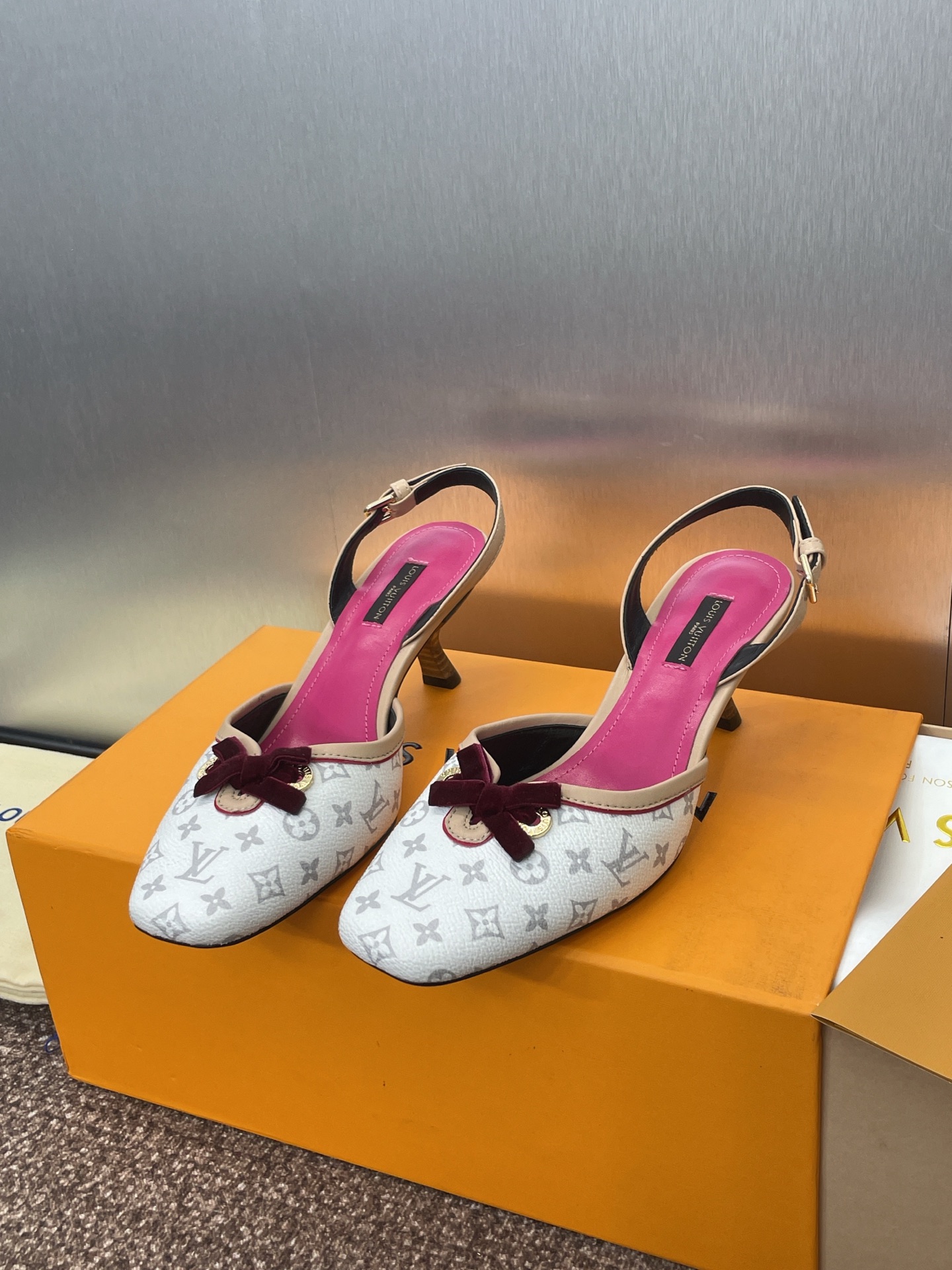 Louis Vuitton White Monogram Slingback Heels with Velvet Bow