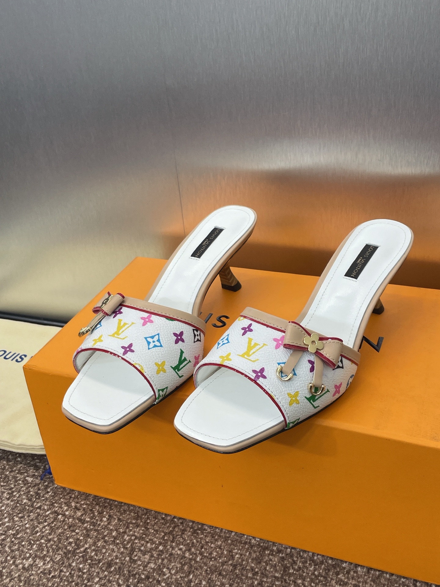Louis Vuitton White Multicolor Monogram Heeled Sandals with Bow