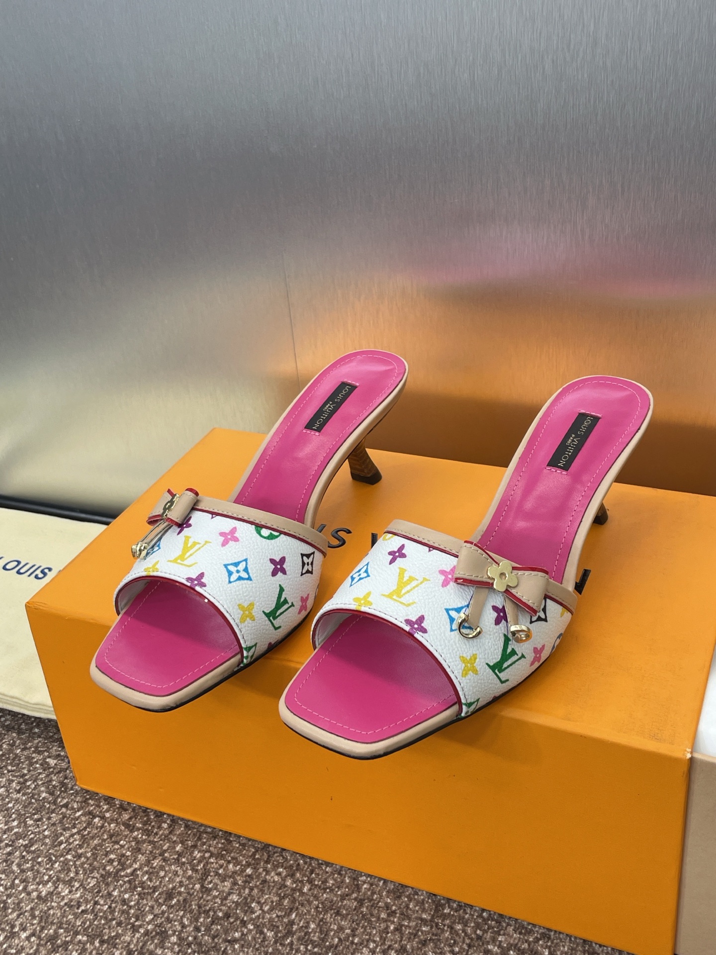 Louis Vuitton White Multicolor Monogram Heeled Sandals with Pink Insole