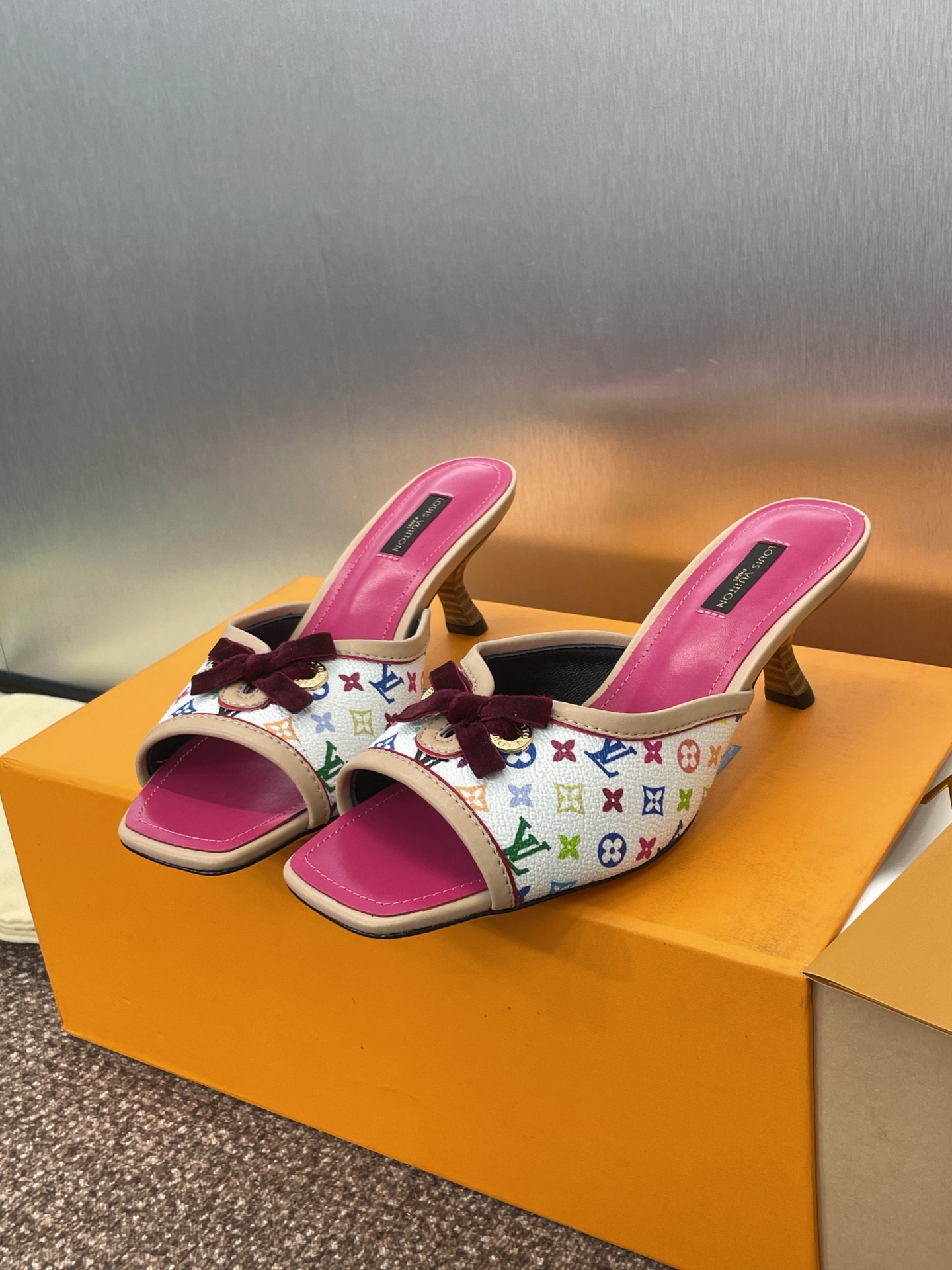 Louis Vuitton White Multicolor Monogram Heeled Sandals with Red Bow