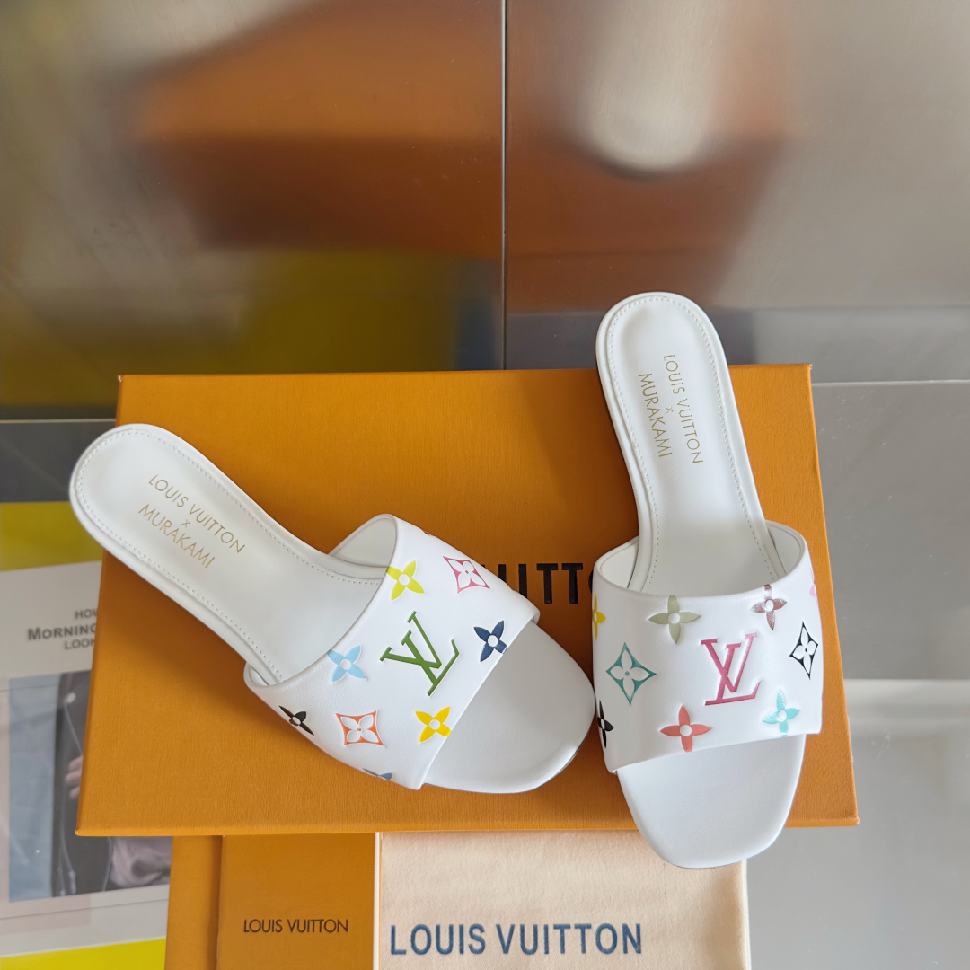 Louis Vuitton White Multicolor Monogram Slide Sandals