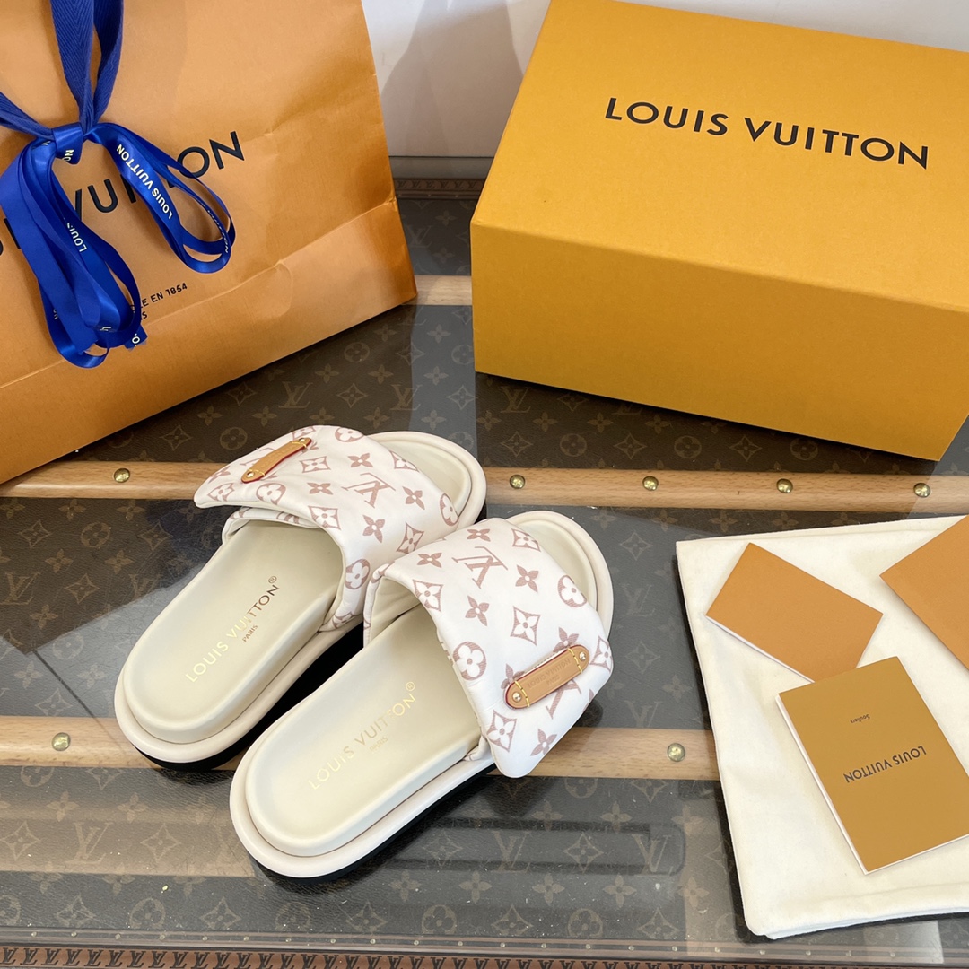 Louis Vuitton White Pink Monogram Women Slide Sandals