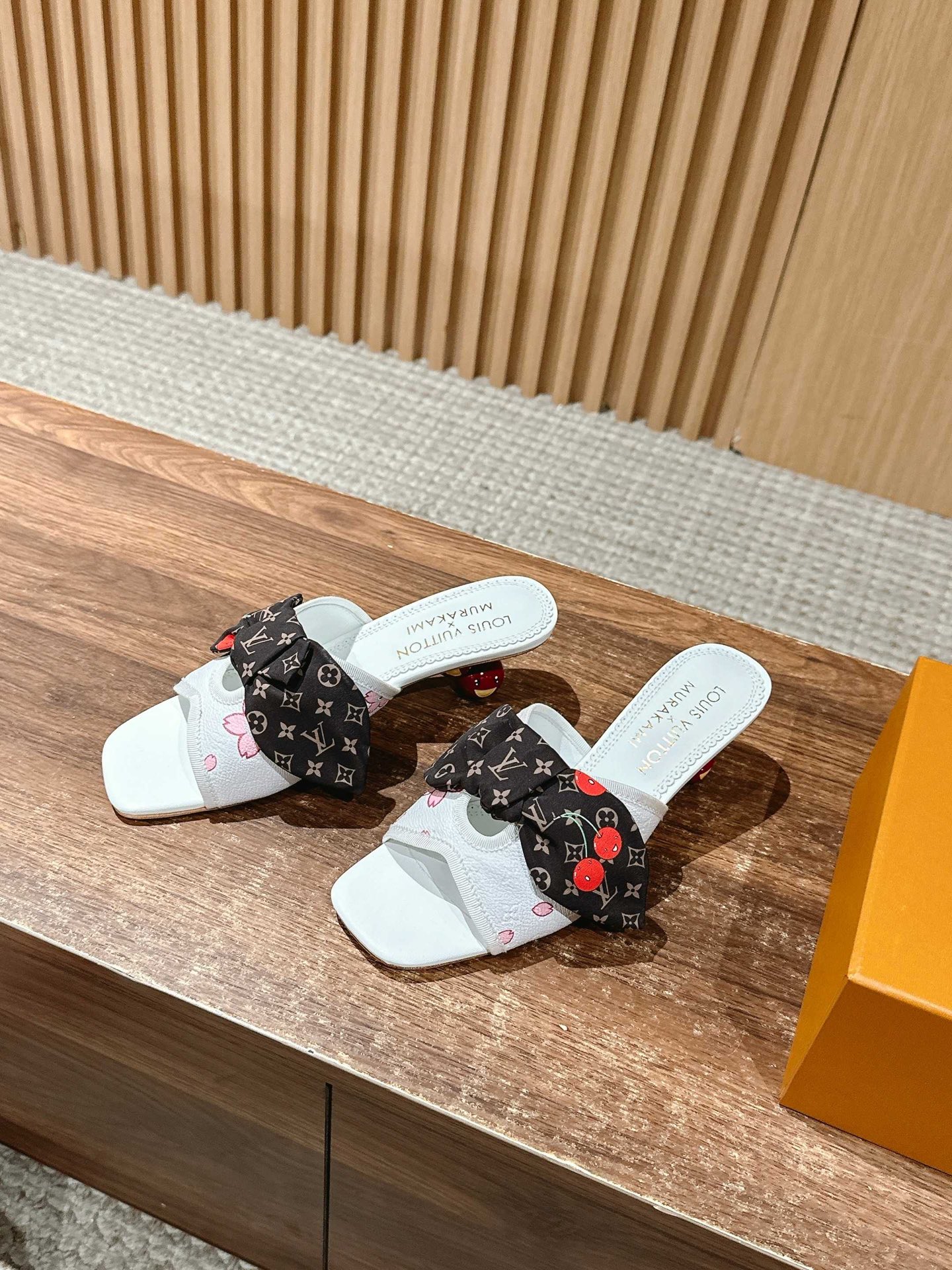 Louis Vuitton White Slide Sandals with Monogram Bow