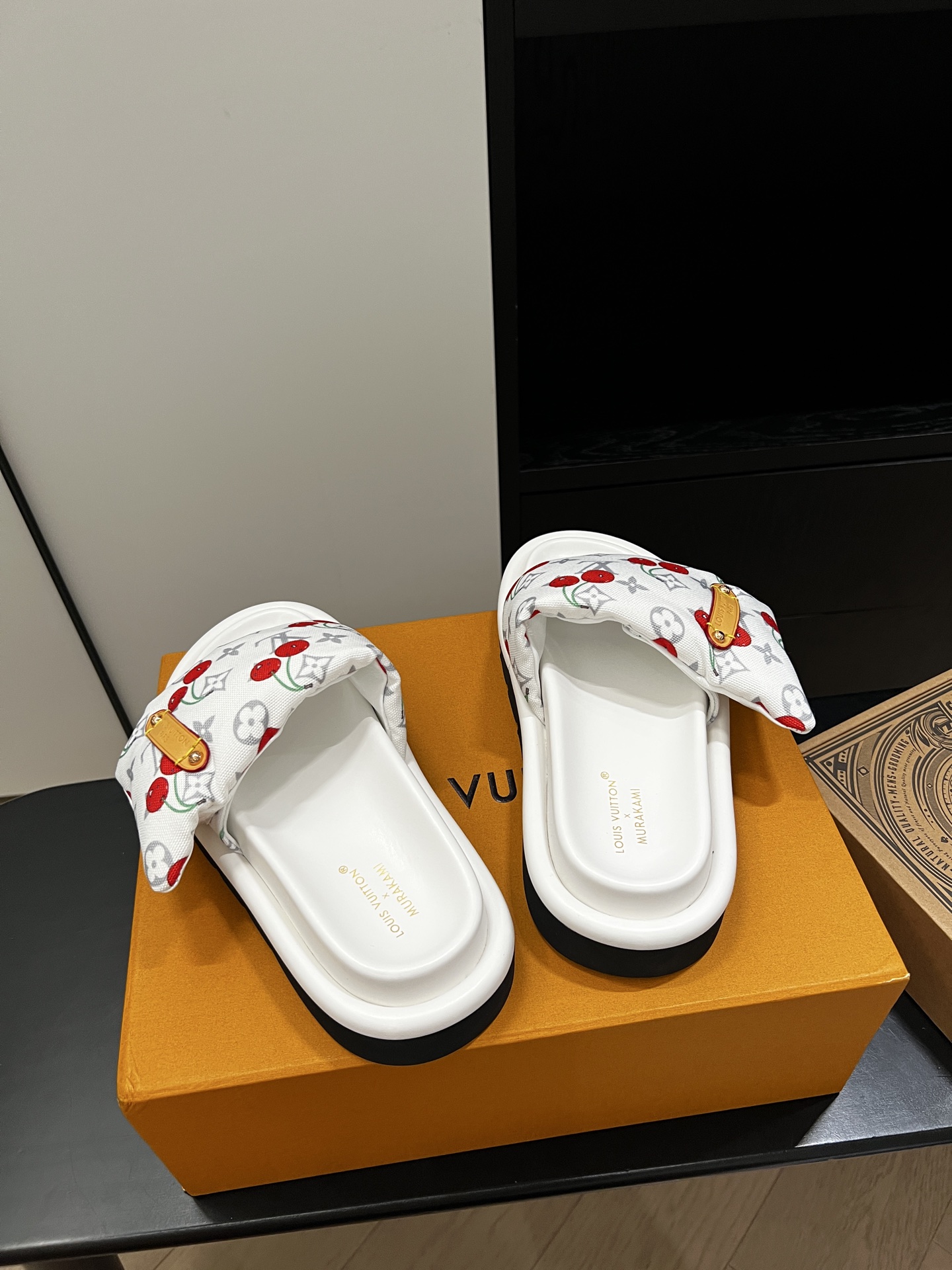 Louis Vuitton White Slide Sandals with Red Cherry Monogram Strap