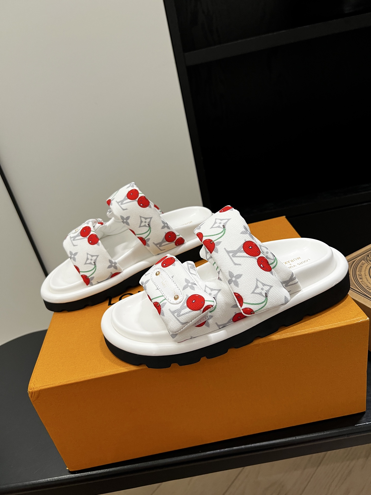 Louis Vuitton White Slide Sandals with Red Cherry Print