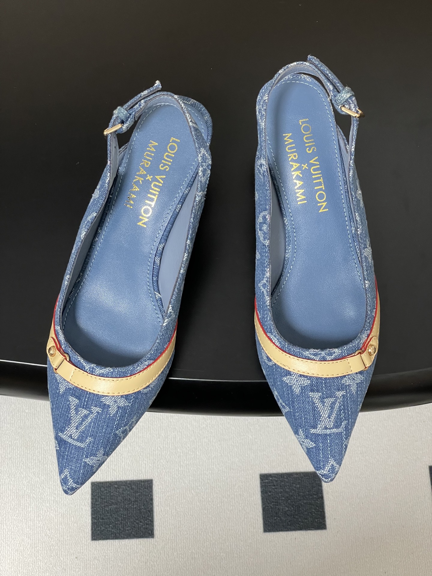 Louis Vuitton Womenâ€™s Blue Denim Slingback Heels  Pointed Toe Pumps with Beige Leather Strap