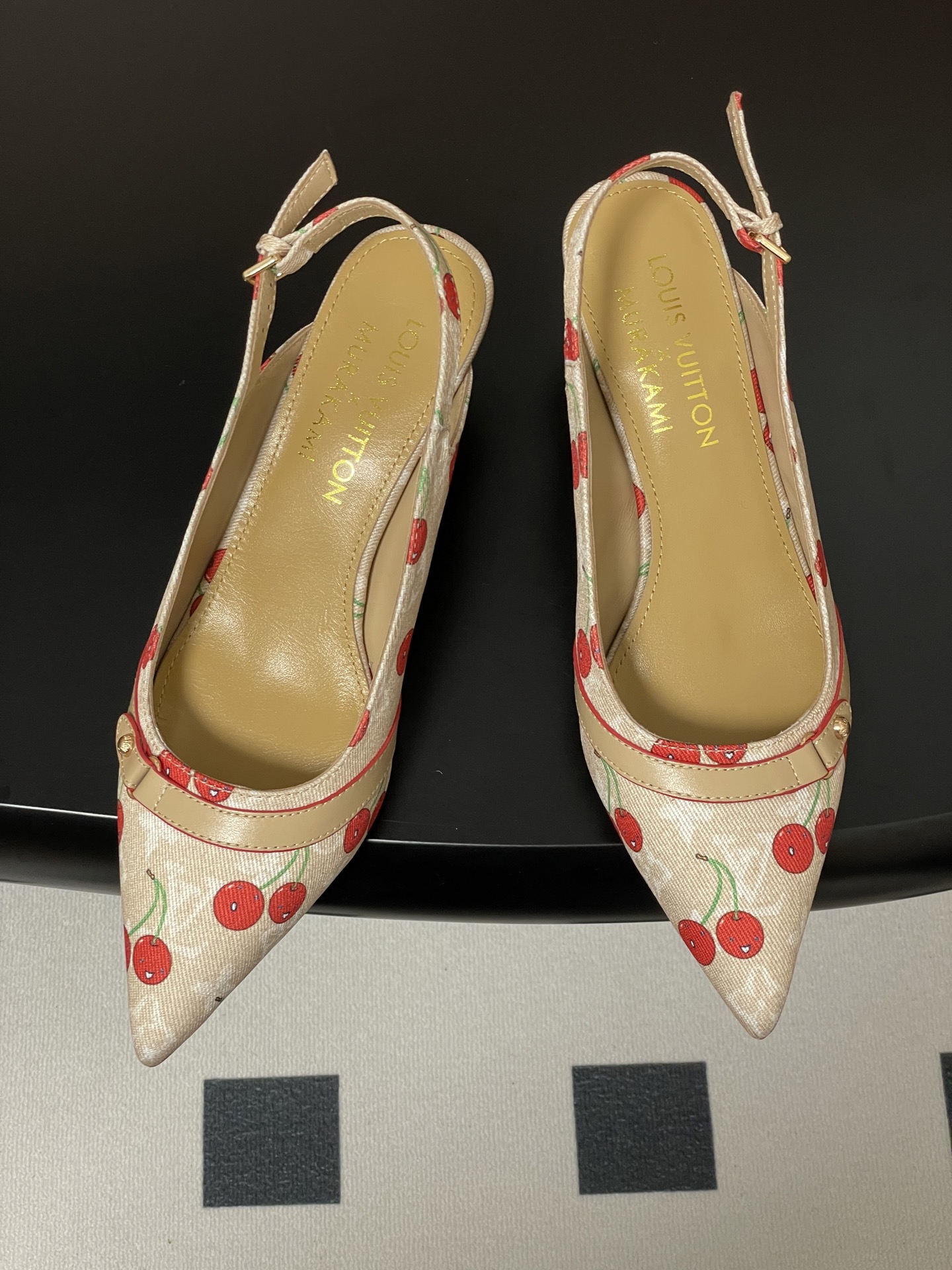 Louis Vuitton Womenâ€™s Cherry Print Slingback Pumps â€“ White Canvas Pointed Toe Heels
