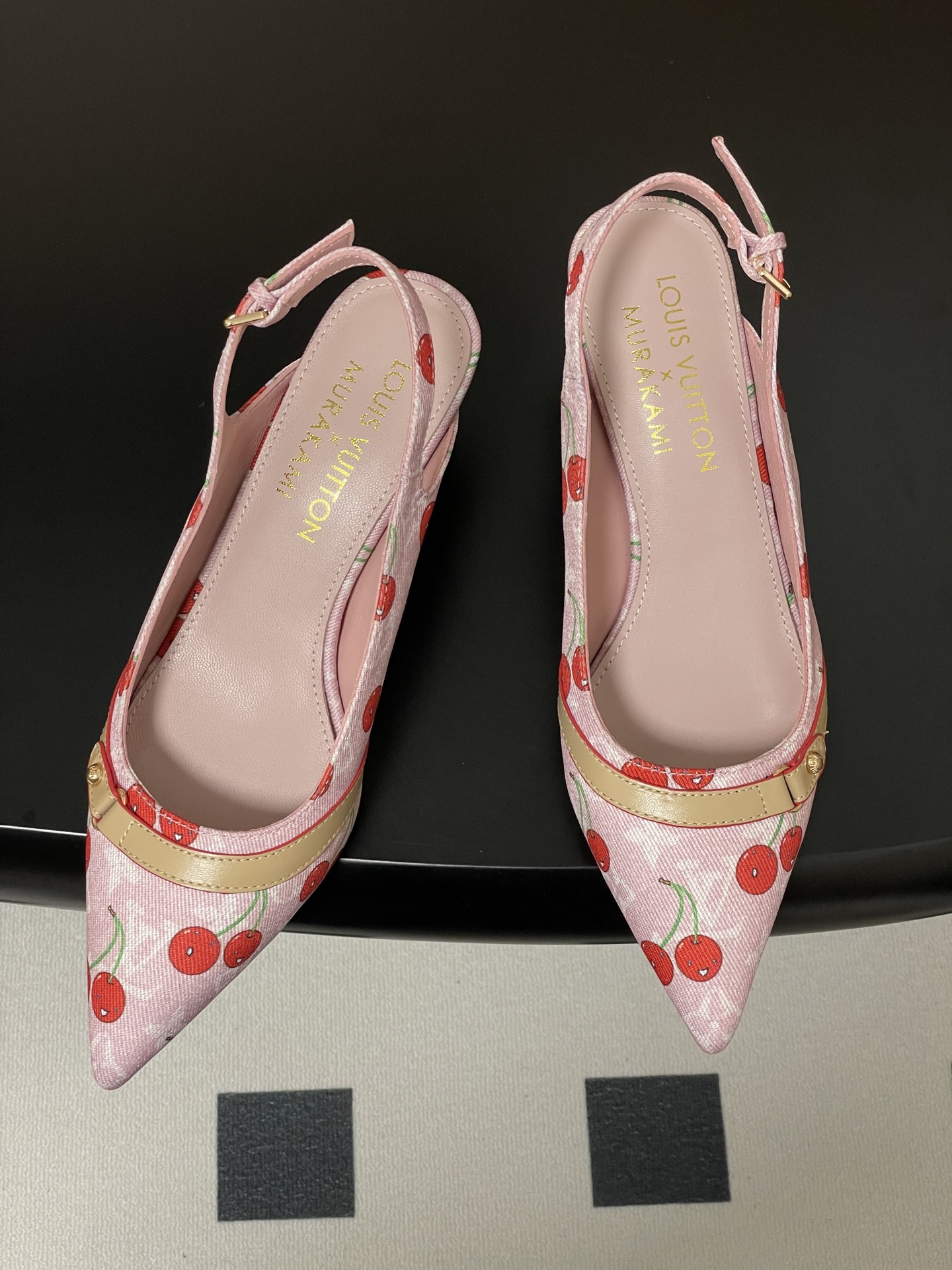 Louis Vuitton Womenâ€™s Pink Cherry Print Slingback Heels â€“ Pointed Toe Fabric Pumps with Gold Trim