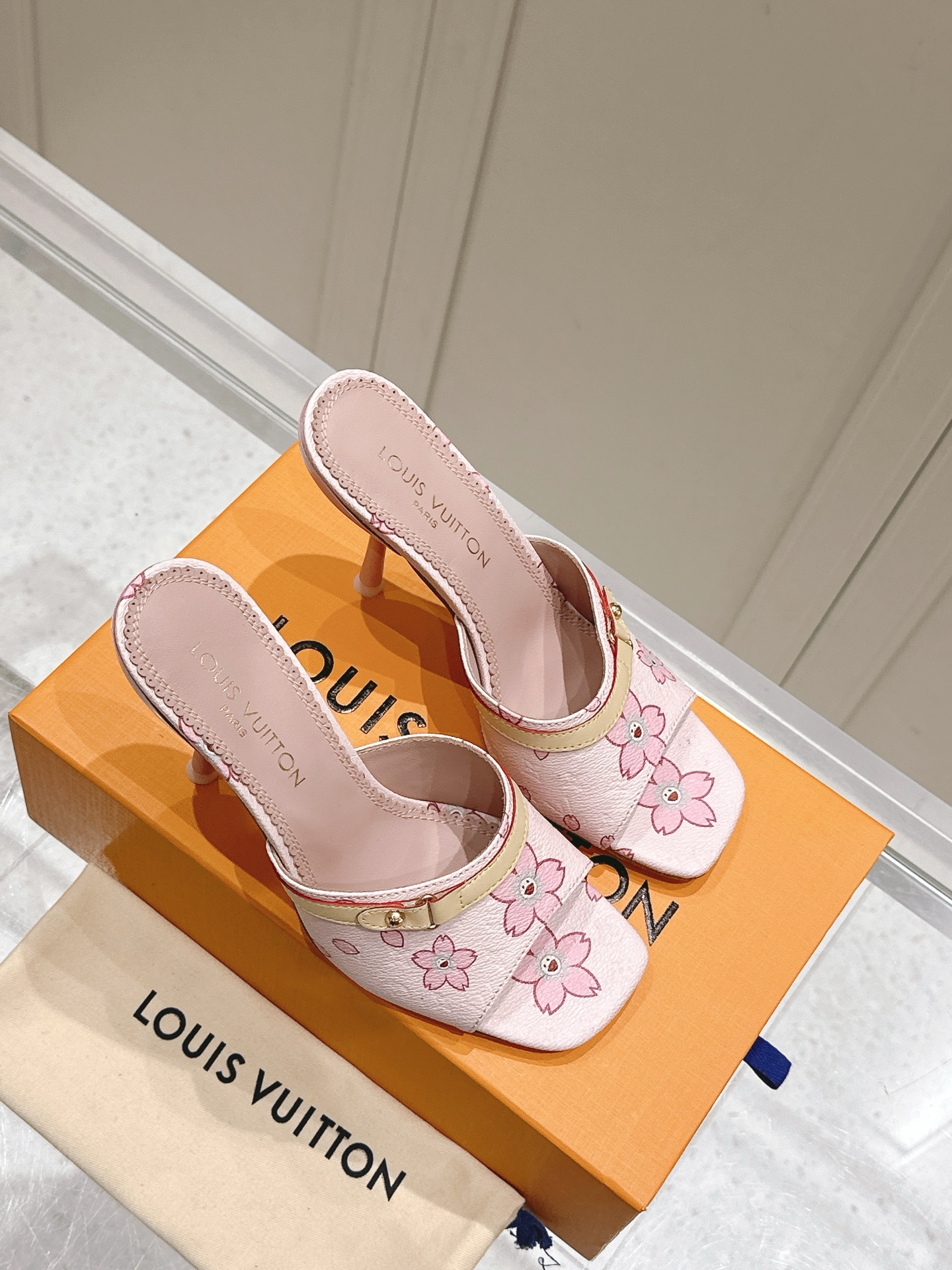 Louis Vuitton Womenâ€™s Pink Flower Print Slide Sandals â€“ Monogram Canvas Slip-On Heels