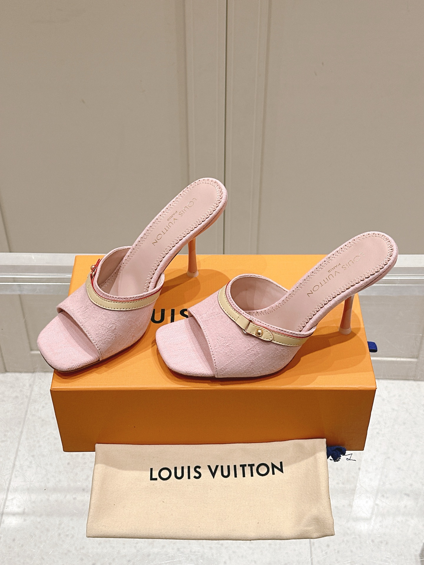 Louis Vuitton Womenâ€™s Pink Open-Toe High Heel Mules â€“ Suede Leather Slides with Gold Trim