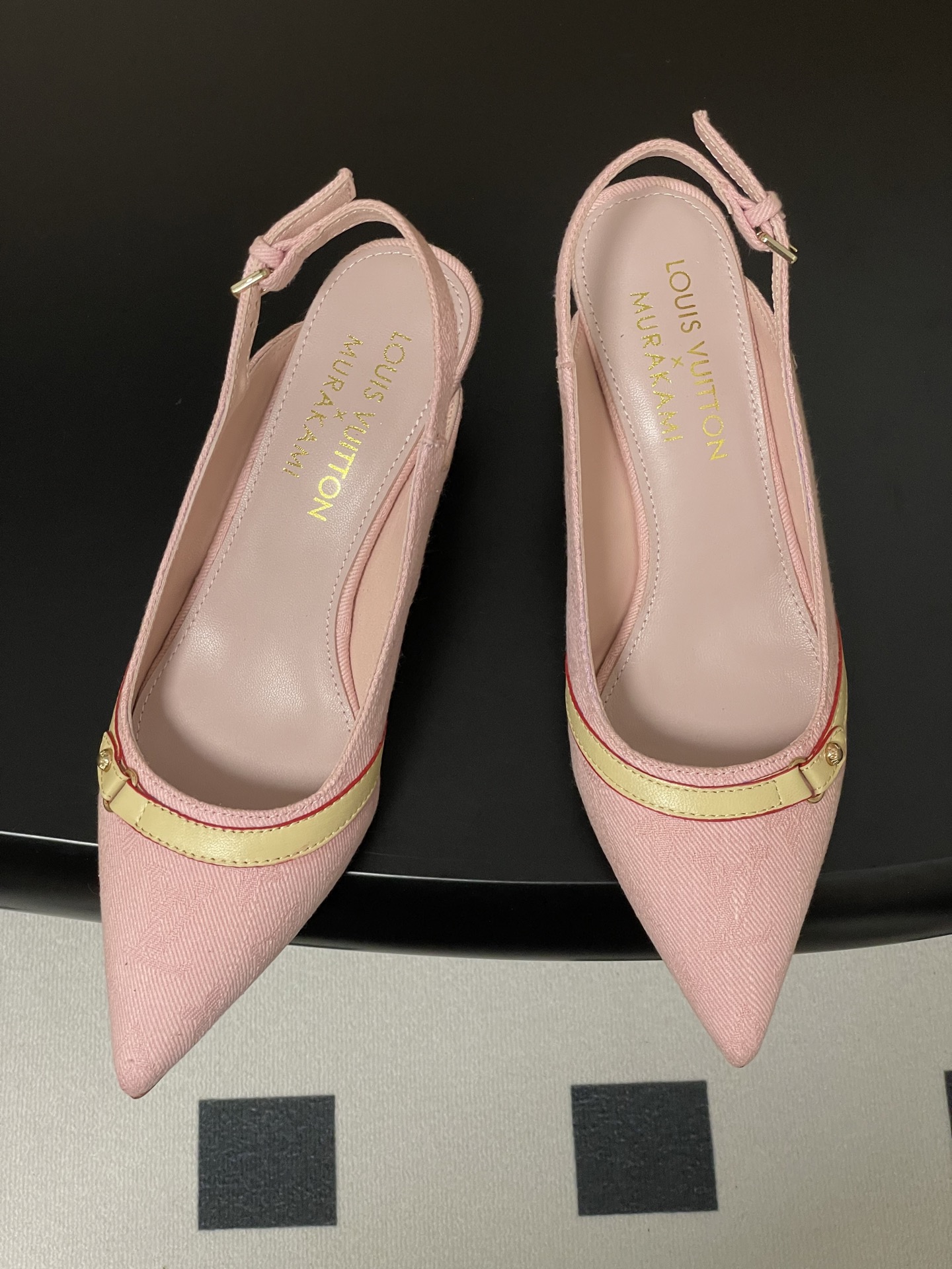 Louis Vuitton Womenâ€™s Pink Slingback Heels â€“ Pointed Toe Fabric Pumps with Yellow Leather Strap