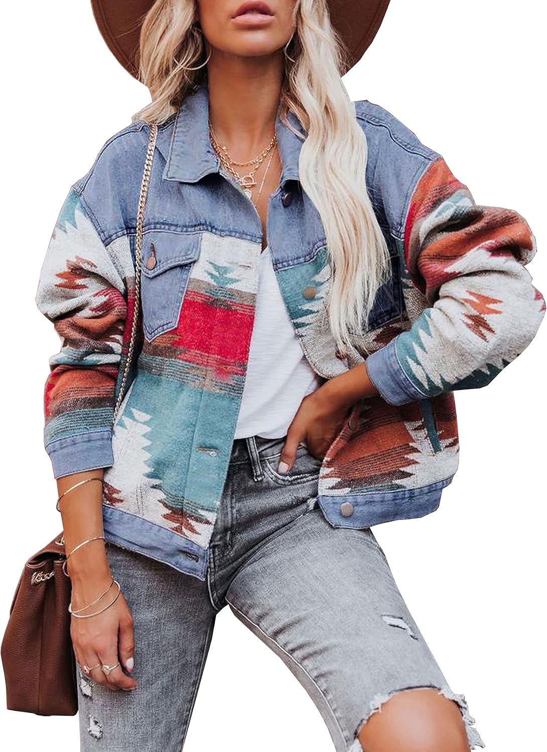 Lumister Women’s Aztec Denim Jacket Distressed Lapel Long Sleeve Vintage Button Down Denim Jacket Shacket