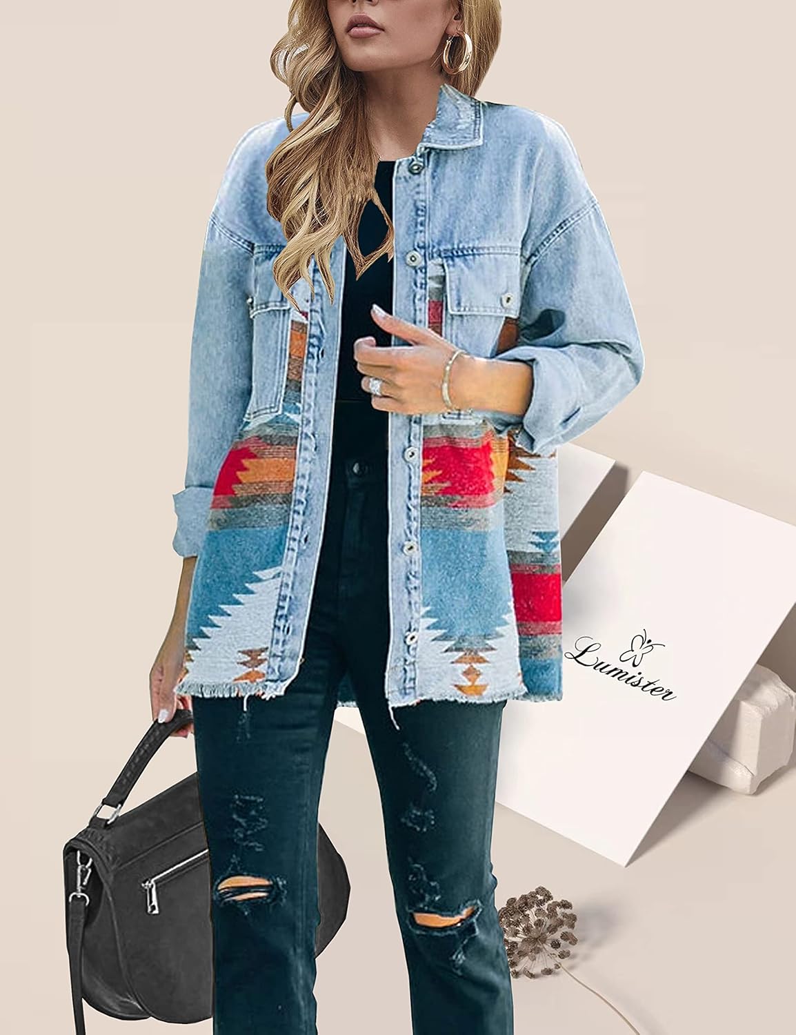 Lumister Women’s Aztec Denim Jacket Distressed Lapel Long Sleeve Vintage Button Down Denim Jacket Shacket