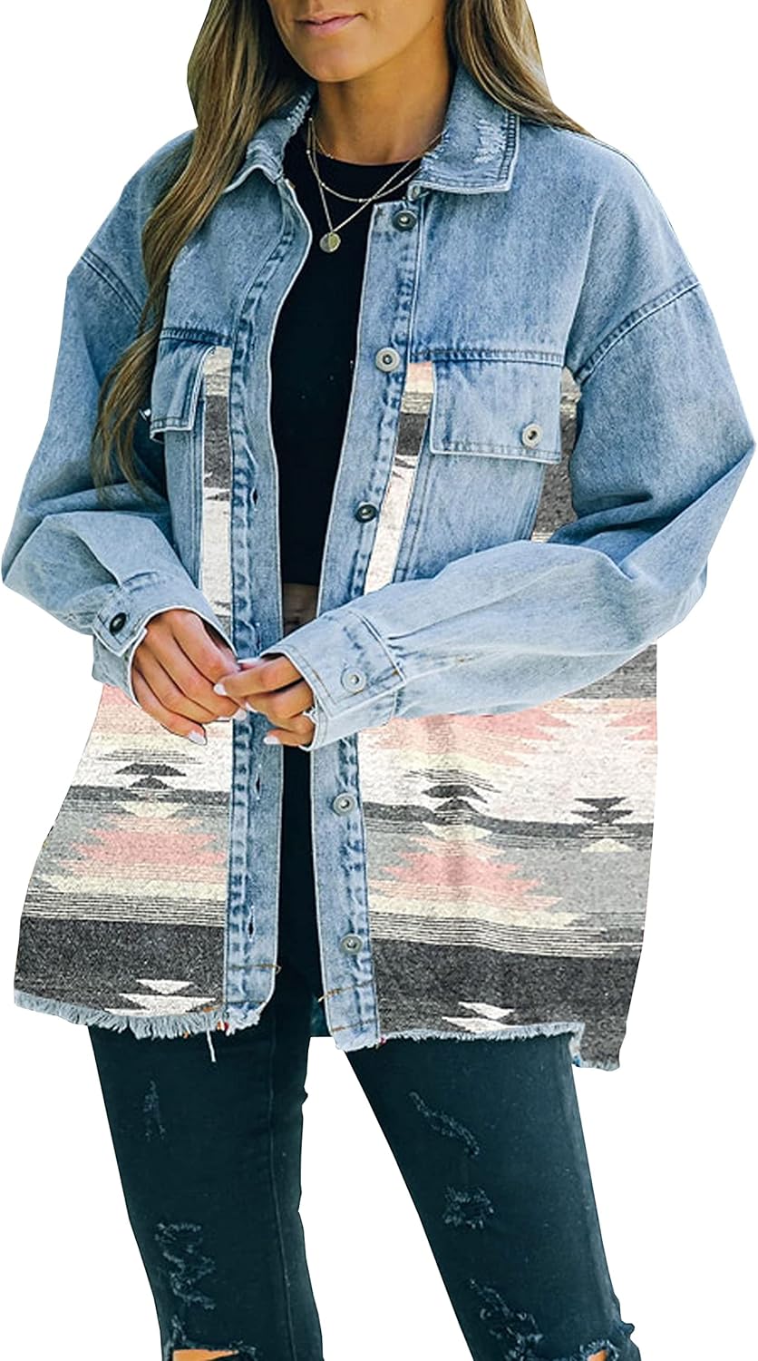 Lumister Women’s Aztec Denim Jacket Distressed Lapel Long Sleeve Vintage Button Down Denim Jacket Shacket
