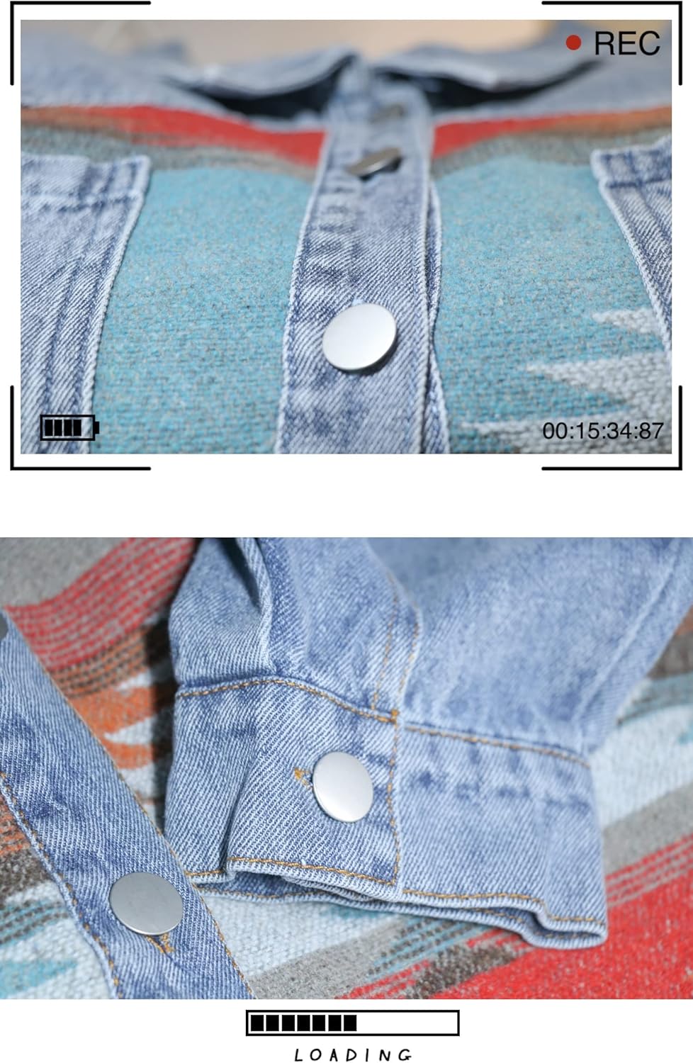 Lumister Women’s Aztec Denim Jacket Distressed Lapel Long Sleeve Vintage Button Down Denim Jacket Shacket