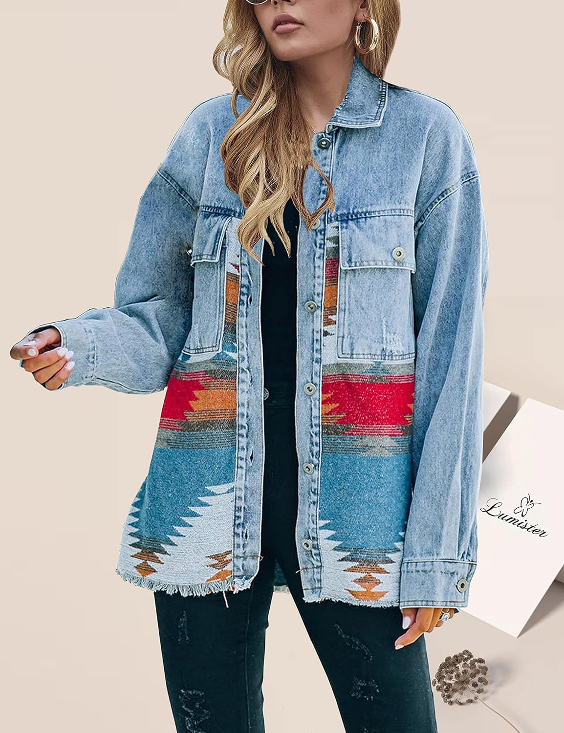 Lumister Women’s Aztec Denim Jacket Distressed Lapel Long Sleeve Vintage Button Down Denim Jacket Shacket