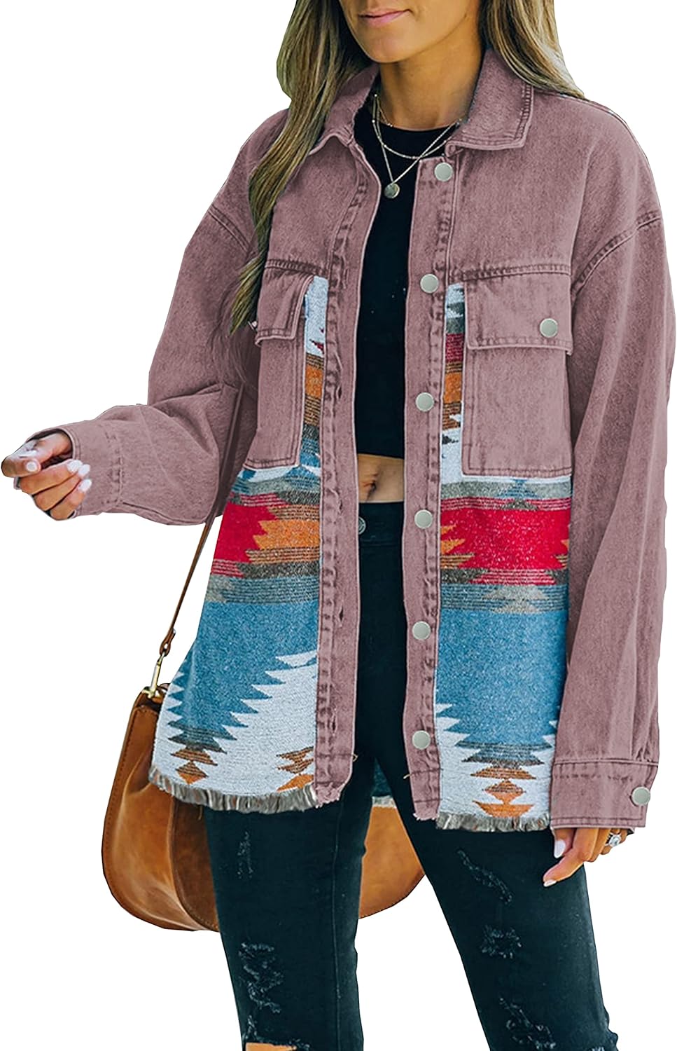 Lumister Women’s Aztec Denim Jacket Distressed Lapel Long Sleeve Vintage Button Down Denim Jacket Shacket