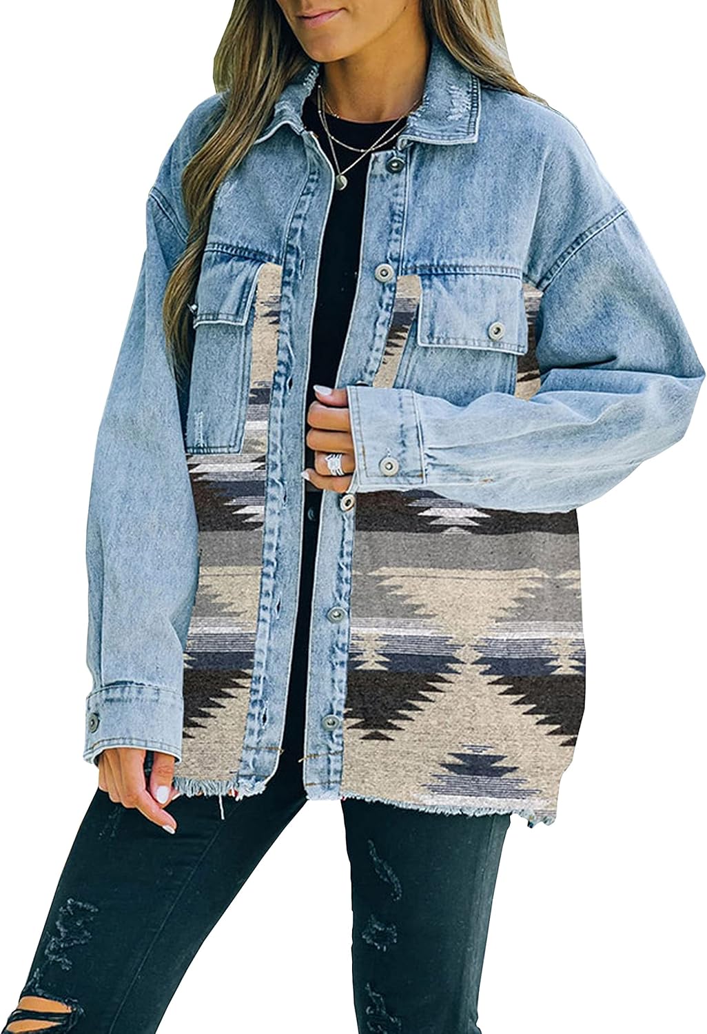 Lumister Women’s Aztec Denim Jacket Distressed Lapel Long Sleeve Vintage Button Down Denim Jacket Shacket