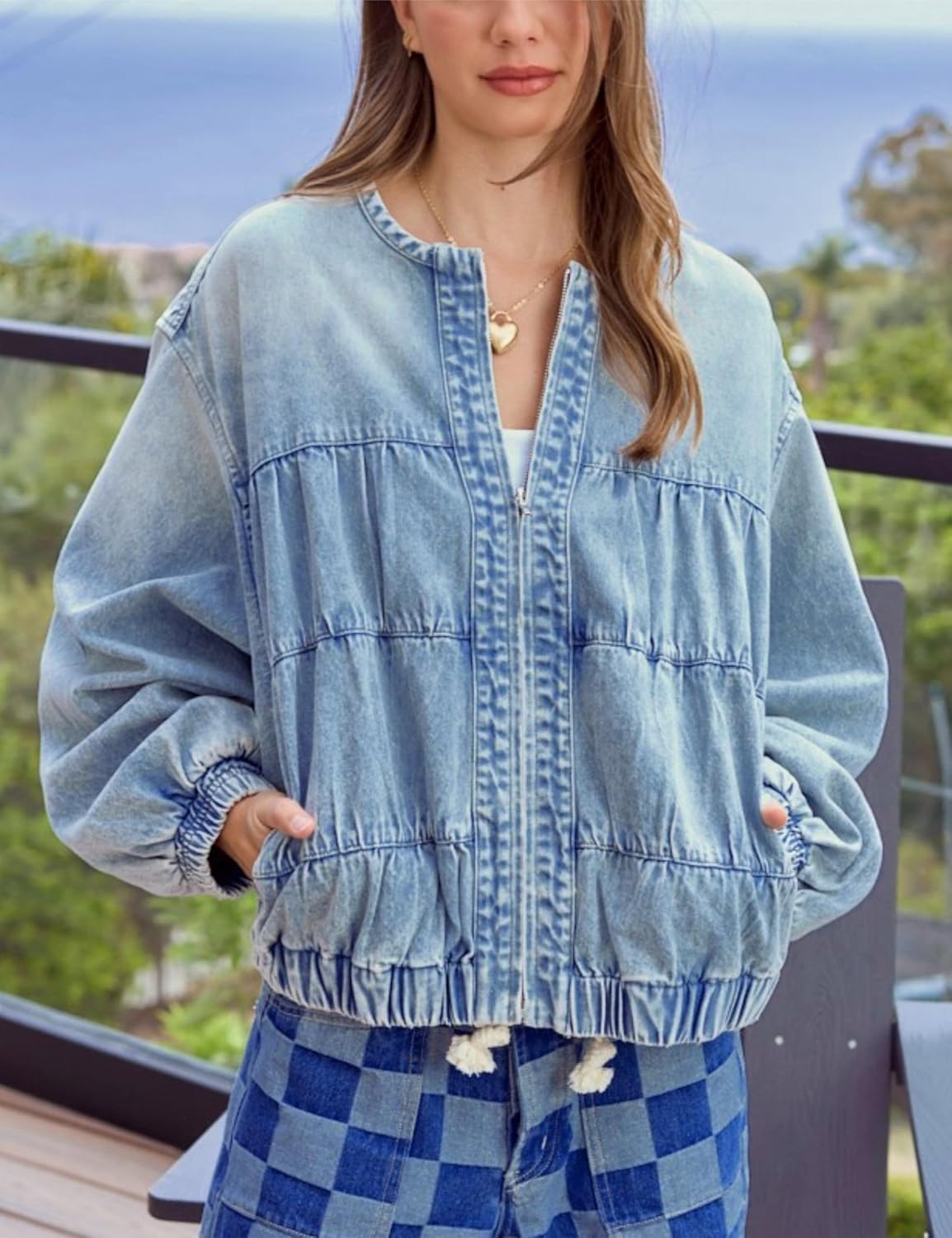 Lumister Womens Cropped Jean Jacket Oversized Zipped Long Sleeves Denim Jacket