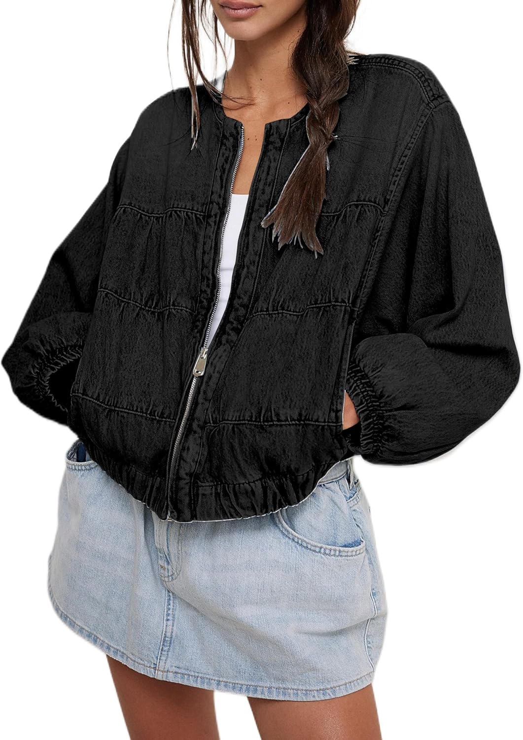Lumister Womens Cropped Jean Jacket Oversized Zipped Long Sleeves Denim Jacket