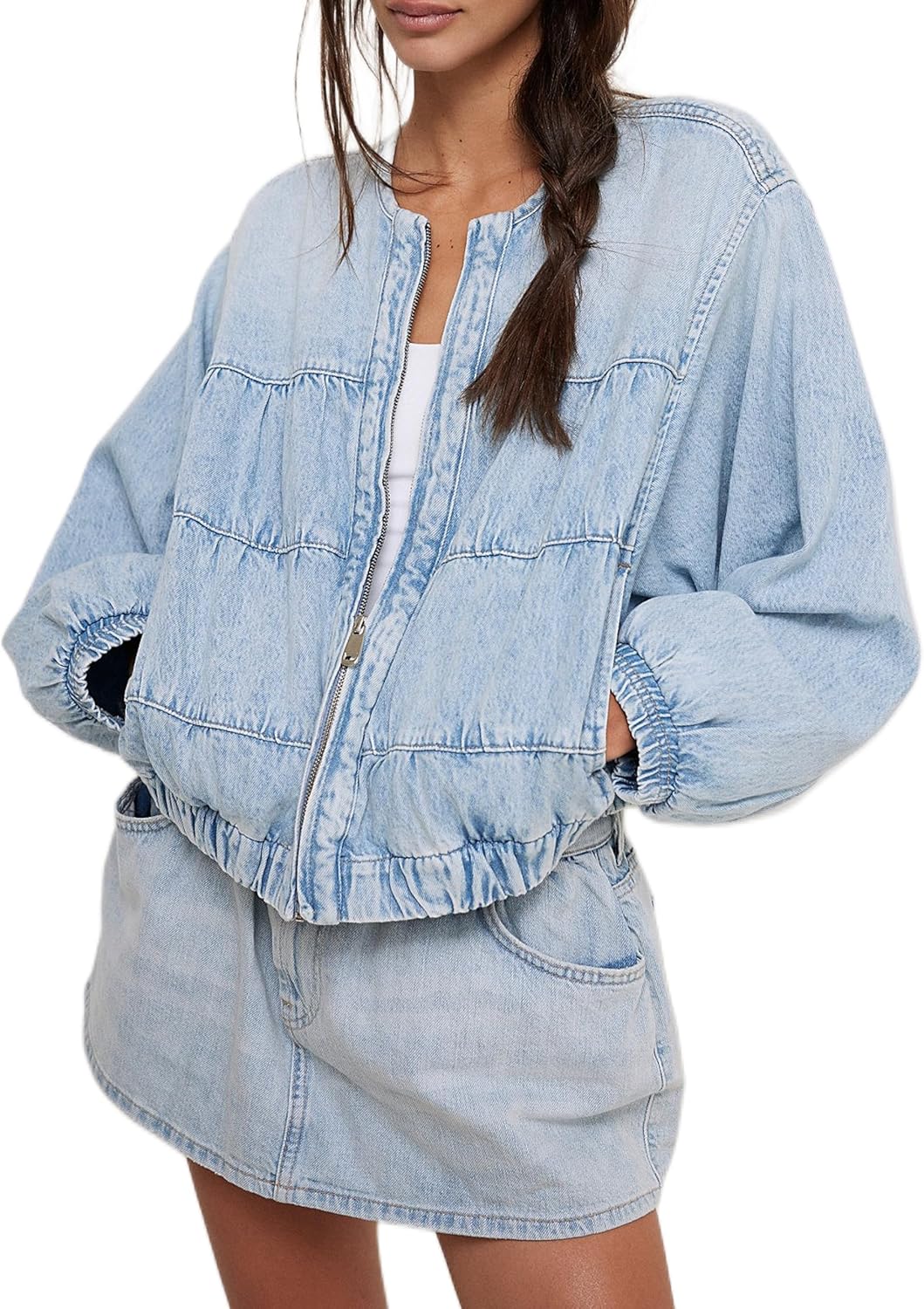 Lumister Womens Cropped Jean Jacket Oversized Zipped Long Sleeves Denim Jacket
