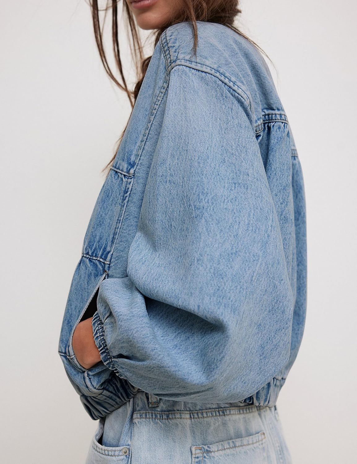 Lumister Womens Cropped Jean Jacket Oversized Zipped Long Sleeves Denim Jacket