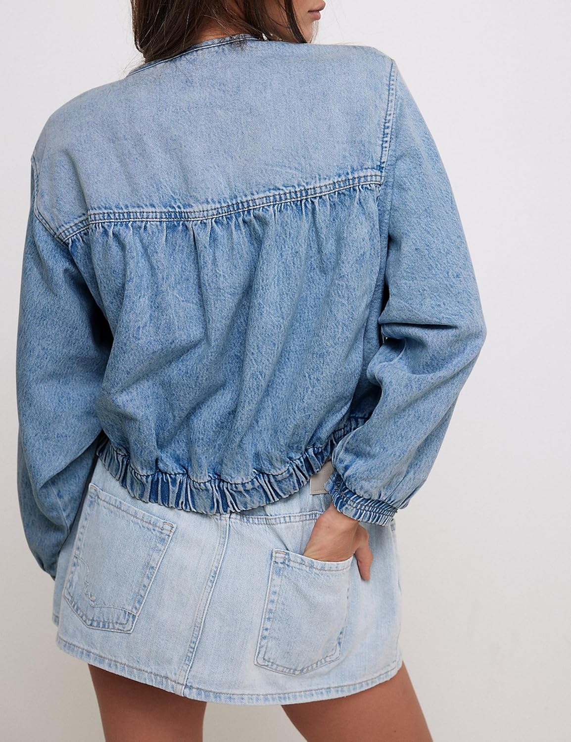 Lumister Womens Cropped Jean Jacket Oversized Zipped Long Sleeves Denim Jacket