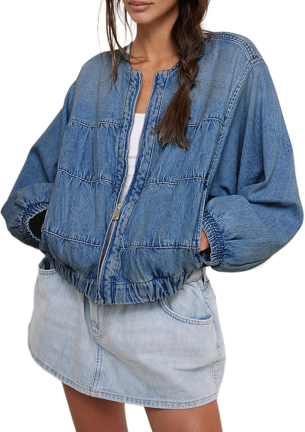 Lumister Womens Cropped Jean Jacket Oversized Zipped Long Sleeves Denim Jacket