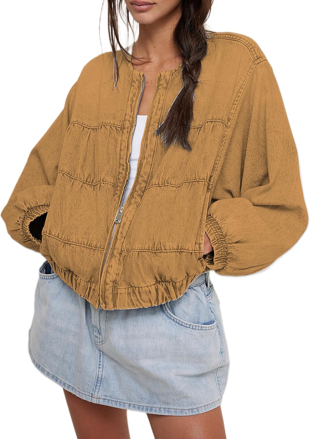 Lumister Womens Cropped Jean Jacket Oversized Zipped Long Sleeves Denim Jacket