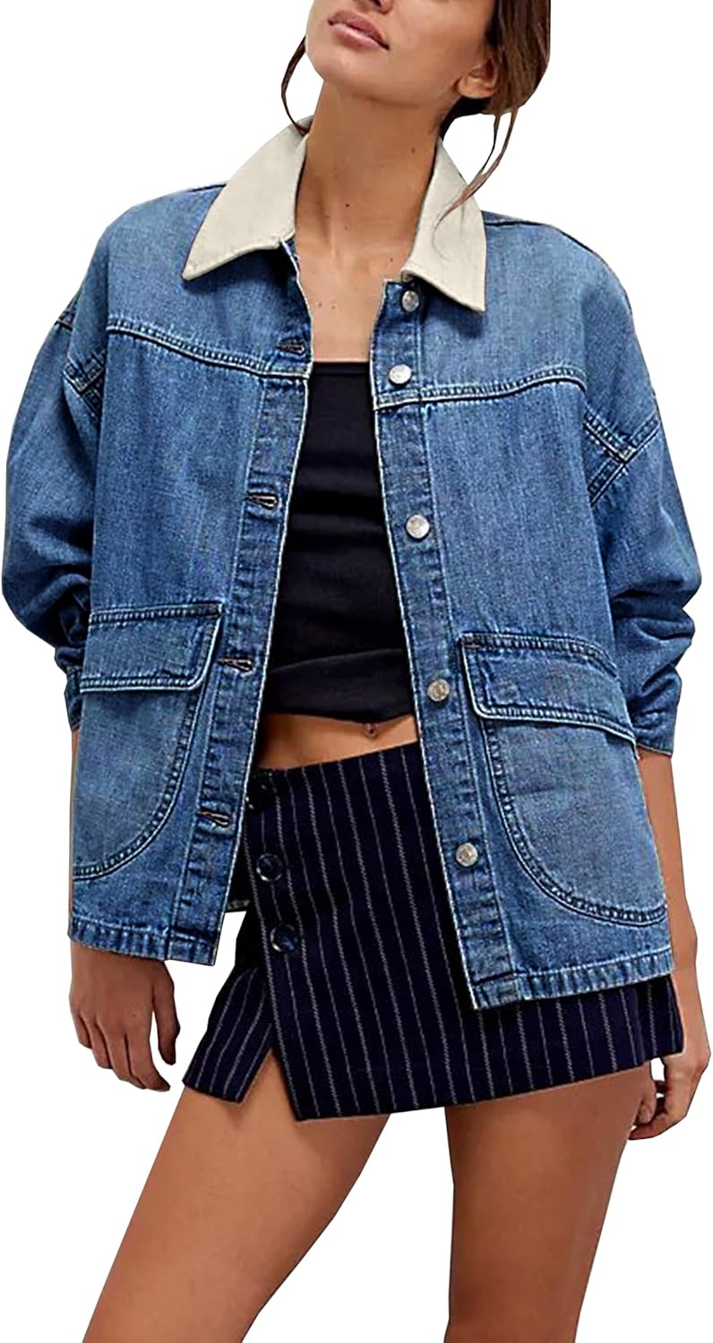 Lumister Women’s Oversized Denim Jacket with Contrast Trim Long Sleeve Button Down Jean Coat with Pockets Outerwear