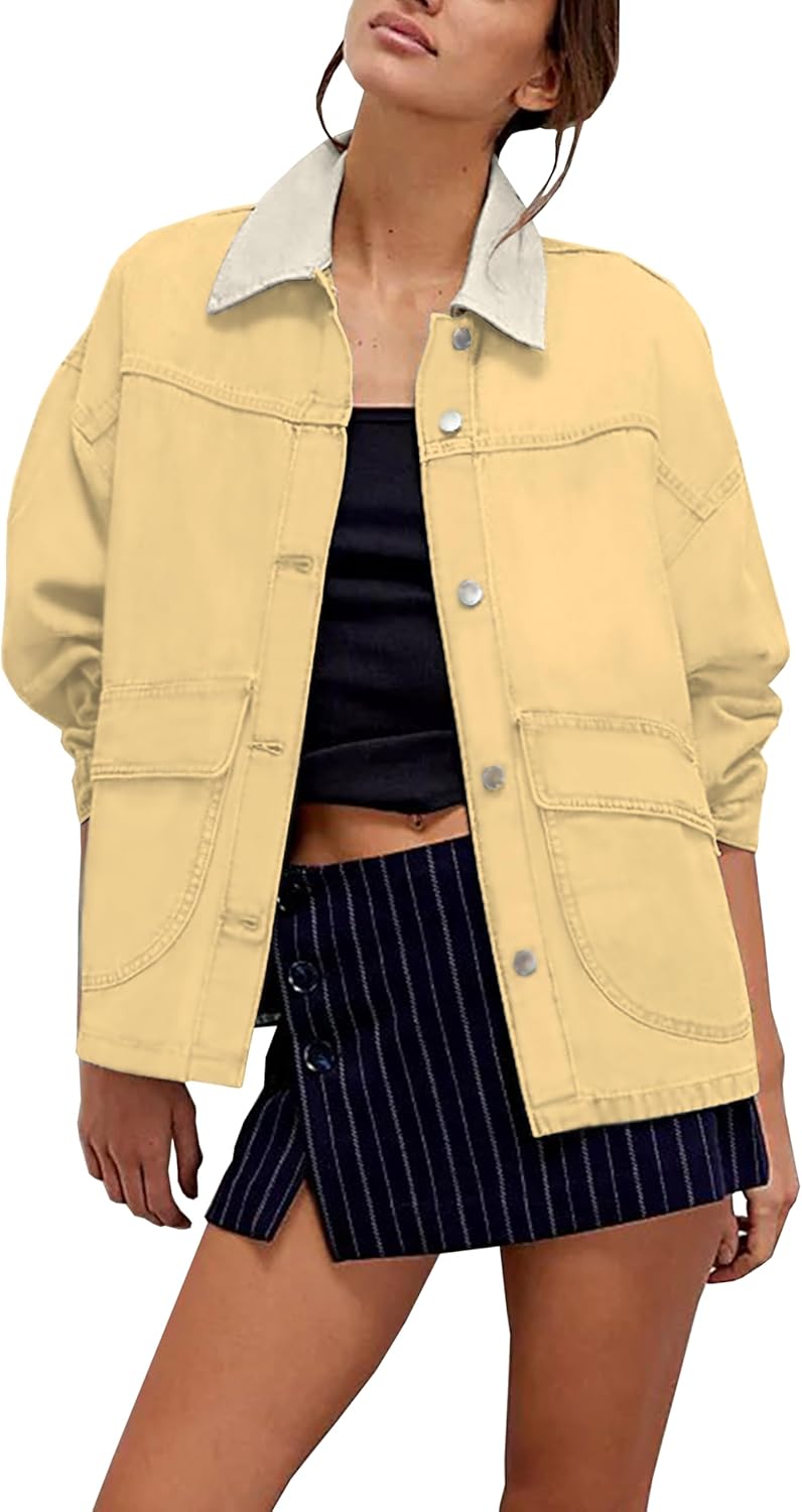 Lumister Women’s Oversized Denim Jacket with Contrast Trim Long Sleeve Button Down Jean Coat with Pockets Outerwear
