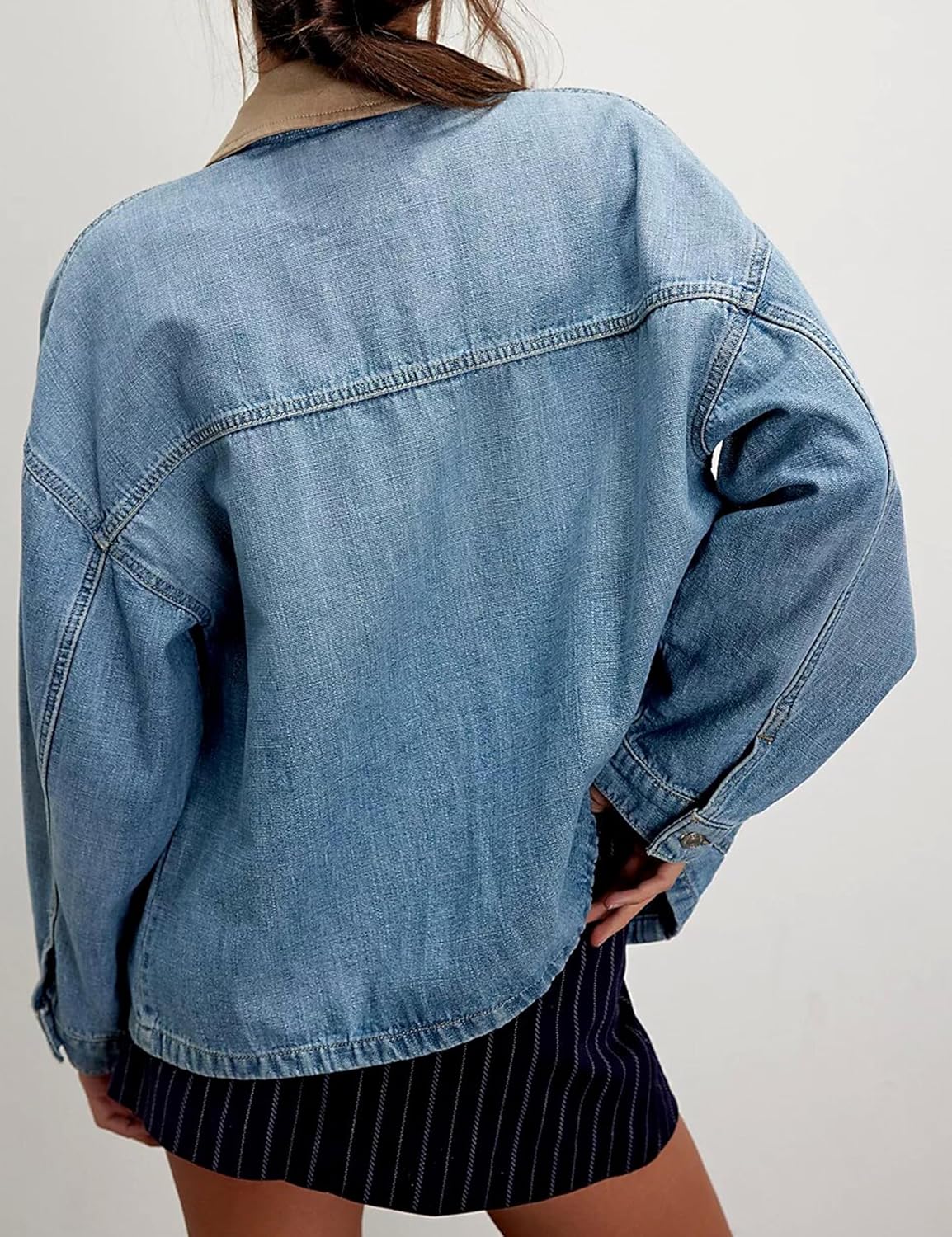 Lumister Women’s Oversized Denim Jacket with Contrast Trim Long Sleeve Button Down Jean Coat with Pockets Outerwear