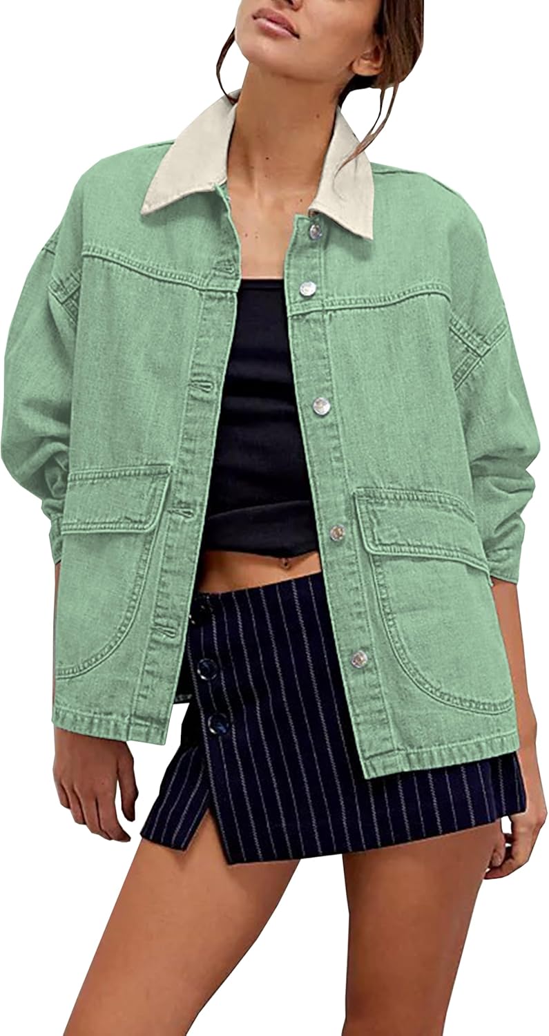 Lumister Women’s Oversized Denim Jacket with Contrast Trim Long Sleeve Button Down Jean Coat with Pockets Outerwear