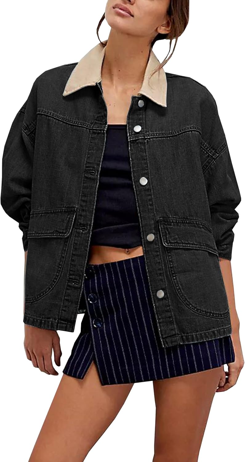 Lumister Women’s Oversized Denim Jacket with Contrast Trim Long Sleeve Button Down Jean Coat with Pockets Outerwear